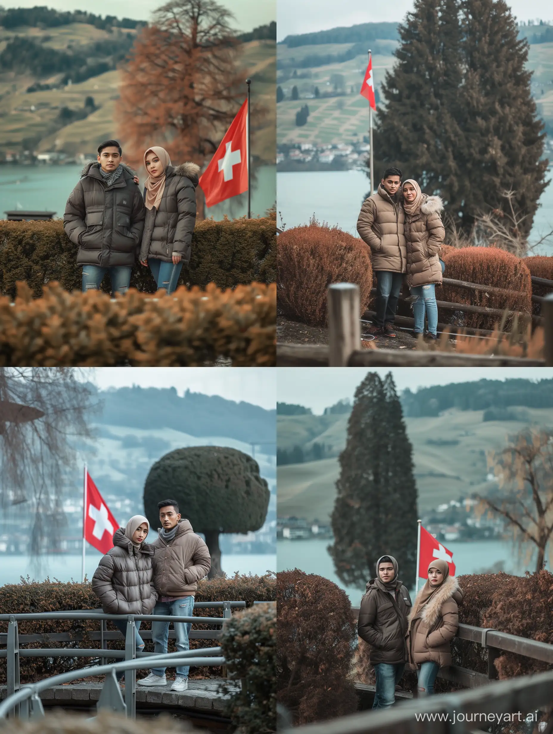A pair of men and women wearing Javanese Indonesian hijabs (25 years old, long and clean faces, Indonesian hair, thin bodies, brown skin, thick winter jackets, jeans) stand posing like models on a Swiss bridge, behind them is a Swiss flag, among them there is a tree big bushes, hills and lakes. photo slightly tilted to the side, face visible, beautiful view of Swiss hills, low lighting, ultra HD, original photo, very detailed, very sharp, 18mm lens, realistic, photography, Leica camera
