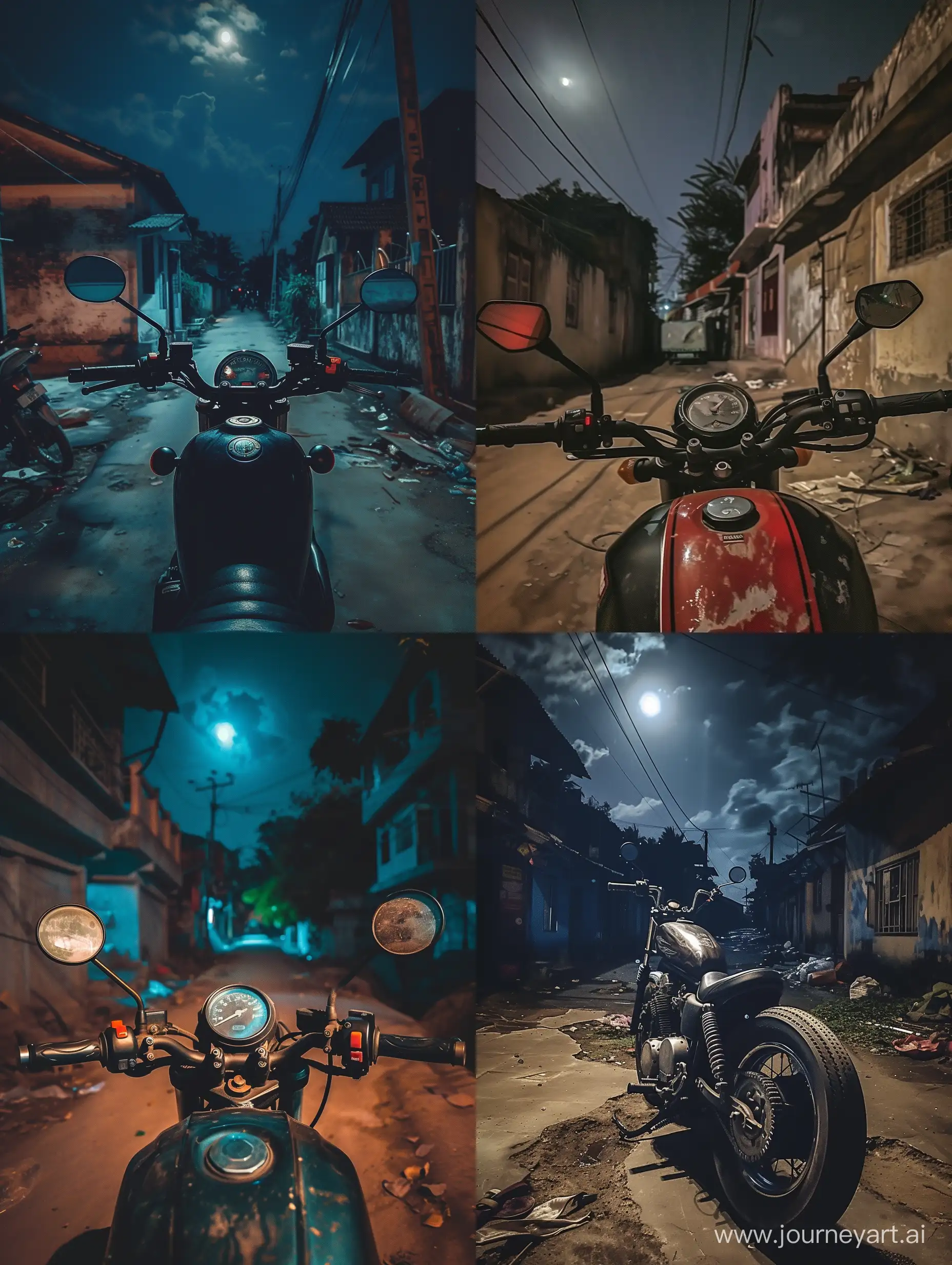 A phone photo of the motorcycle at night in an old and poor neighborhood, moon light, first-person POV, detailed close-up shot --ar 3:4 --s 100 --c 0 --w 0 --style raw --v 6