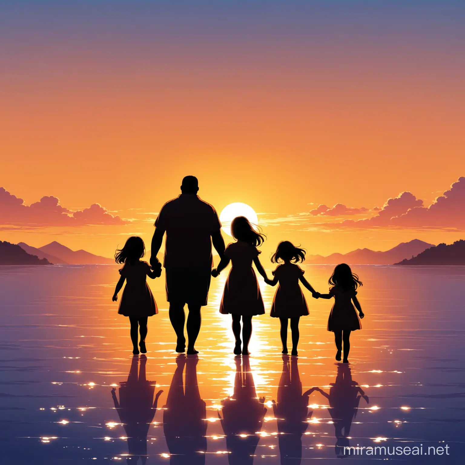 I need a silhouette of a family holding hands. These include a mom who has shoulder-length hair, a chubby dad, two chubby teenage sisters, a little girl who is three years old and a housewife. The background should be a beautiful landscape on the sea with the sunset.