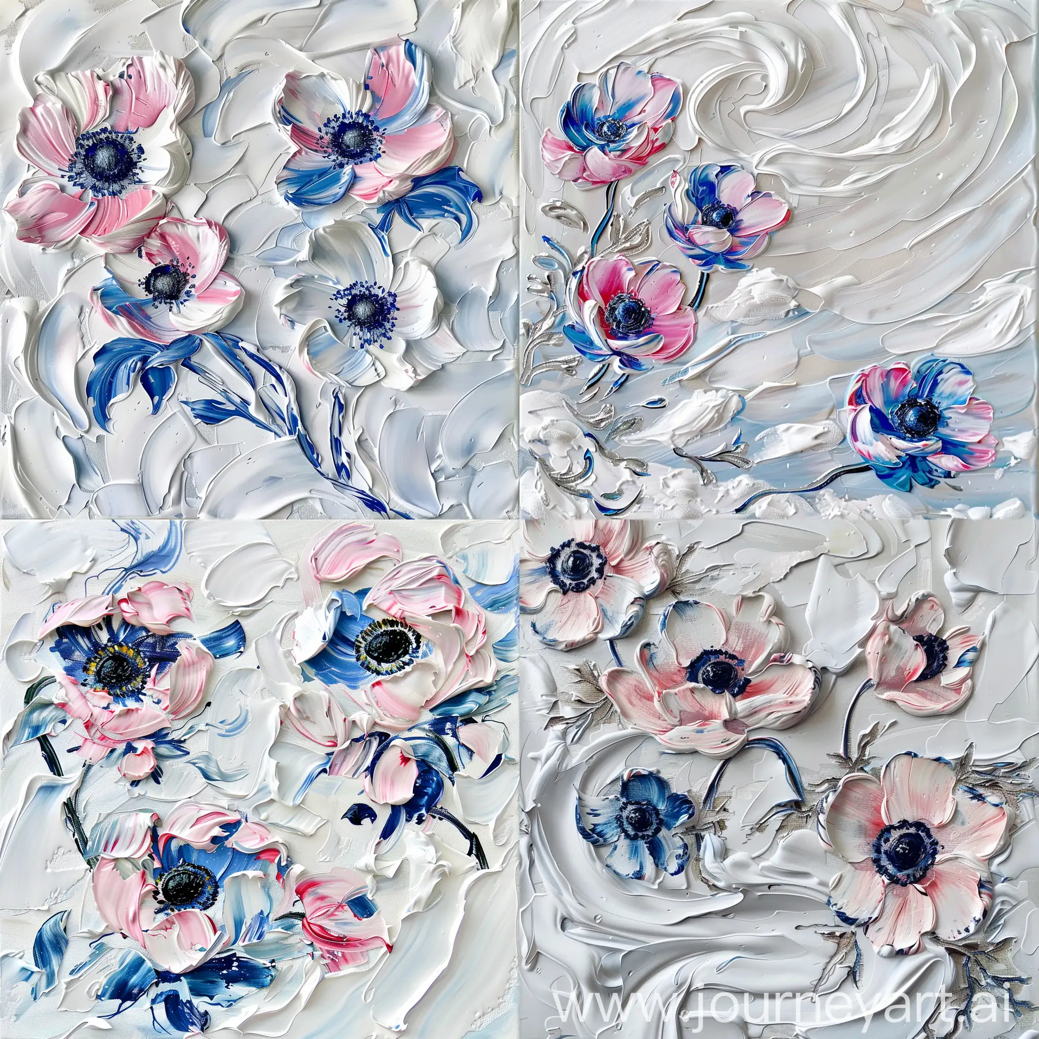 An abstract winter landscape painting featuring a snowy white canvas with delicate, vibrant anemone flowers in shades of pink and blue. The palette knife technique gives the painting a textured and dynamic feel, with swirling strokes of oil paint. The anemones, usually found in warmer climates, create a striking contrast against the icy winter backdrop, symbolizing resilience and beauty in the face of adversity.