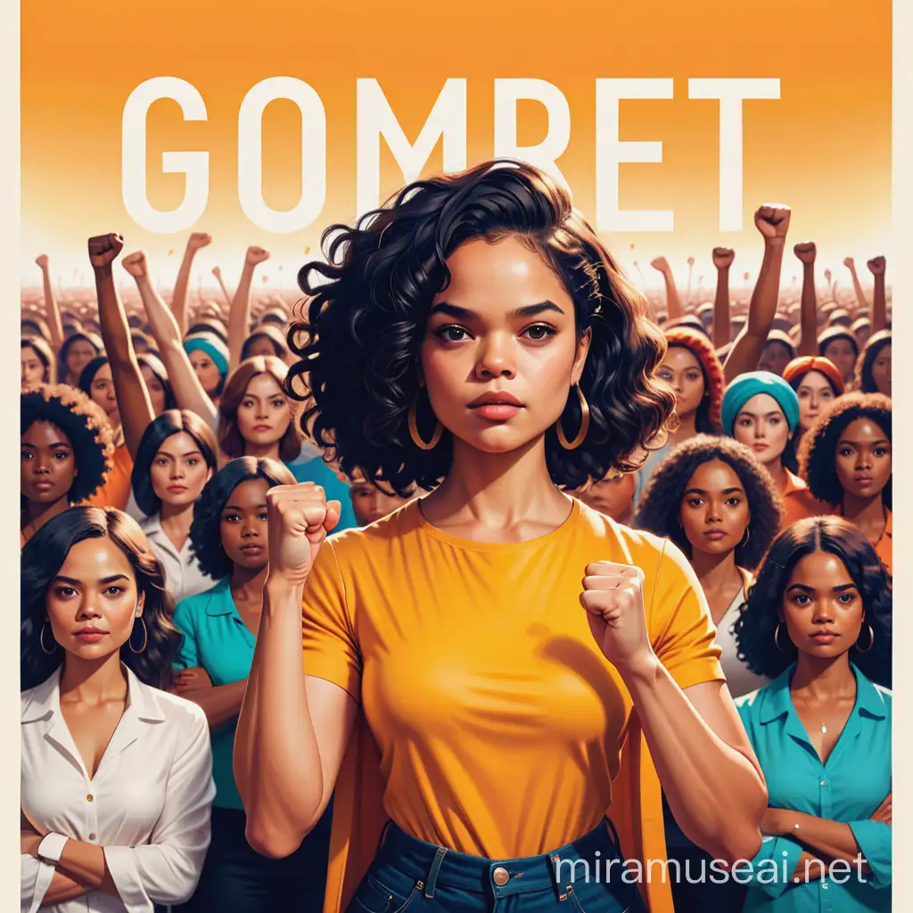 This vector illustration is a tribute to feminist art and the powerful message it conveys. The central figure is a woman, reminiscent of actress Tessa Thompson, standing confidently in front of a diverse crowd of women. She raises her fist in a symbol of solidarity and strength. The atmosphere is charged with energy and determination. Surrounding the crowd is a poster art design by Pamela Ascherson, featuring bold typography and striking colors. The overall theme of the illustration is unity and empowerment in the fight for gender equality.