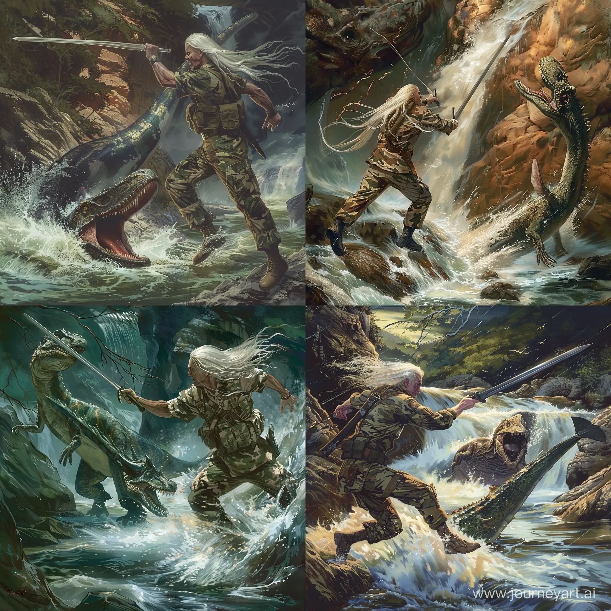 A man in a khaki camouflage uniform with long white hair, holding a long sword, jumps at an evil plesiosaur emerging from the river.