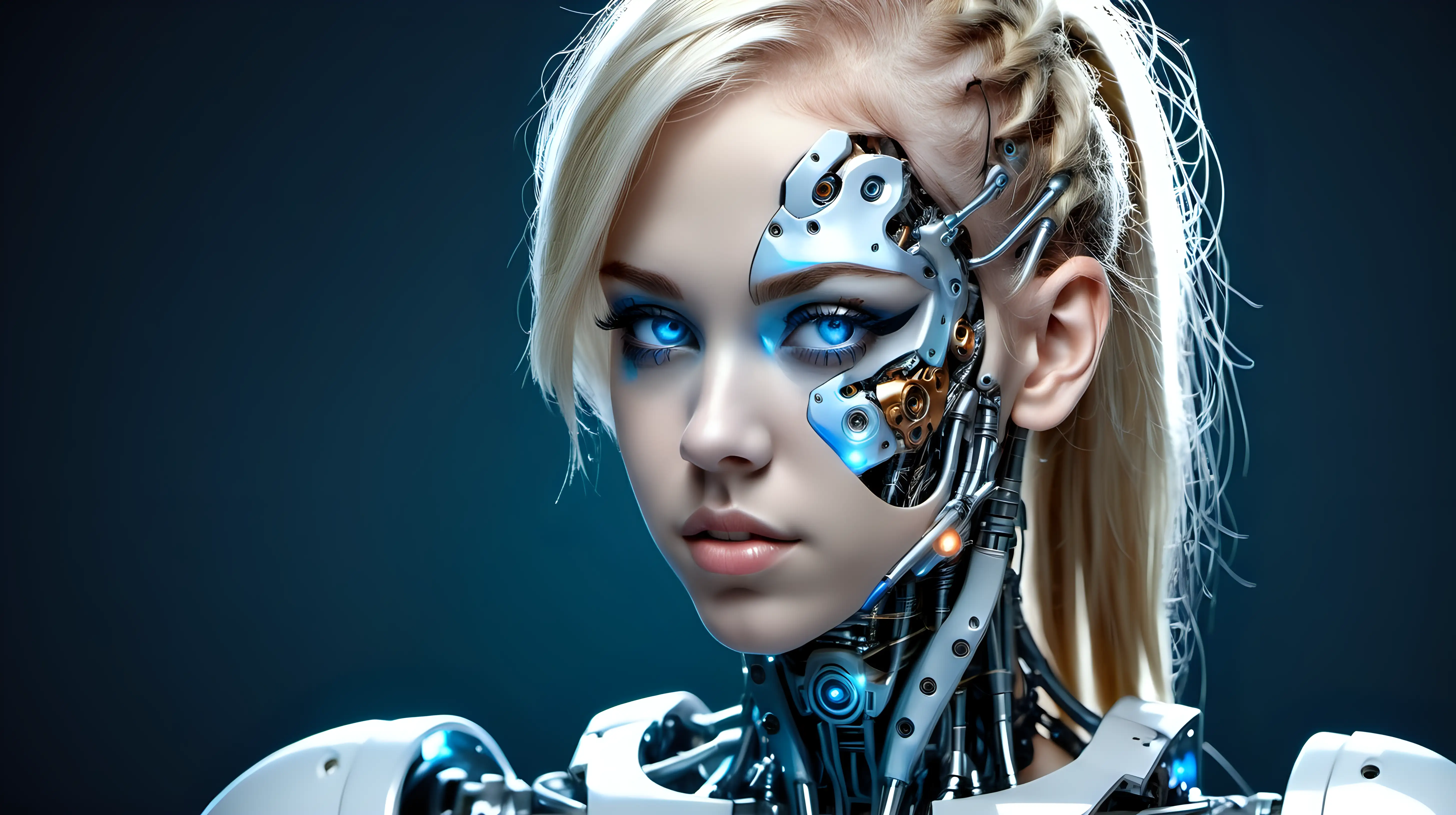Cyborg woman, 18 years old. She has a cyborg face, but she is extremely beautiful. Blonde. Blue eyes.