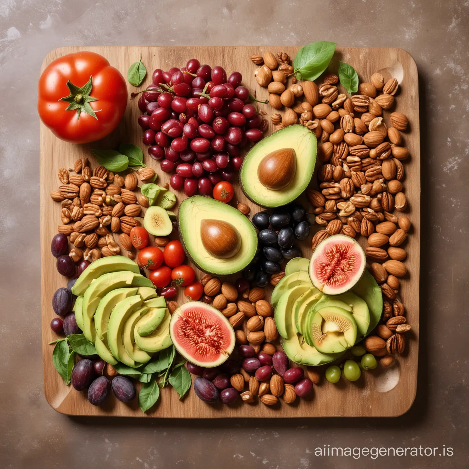 an avocado, tomato, kidney bean, figs, walnut, ginger, grapes in the nice background.