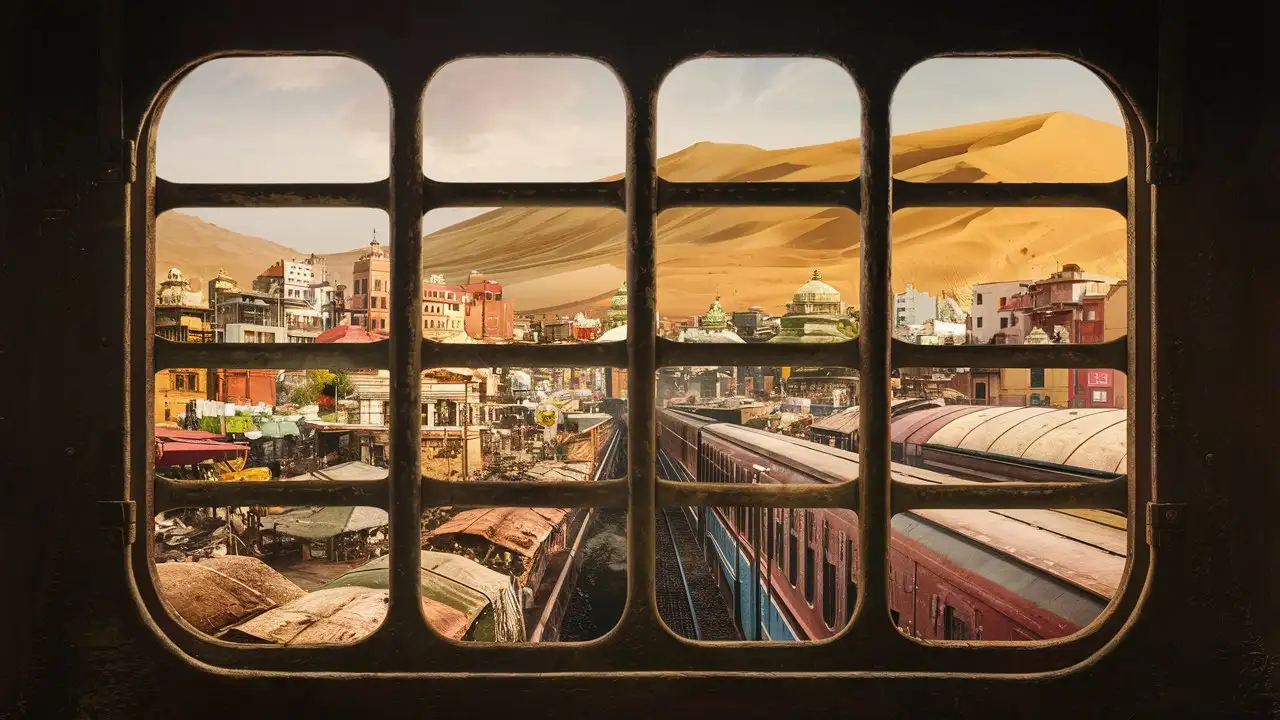 View from a train window in India, the window has bars across it like the trains in the '90s, the scene outside shows a city fringed by desert