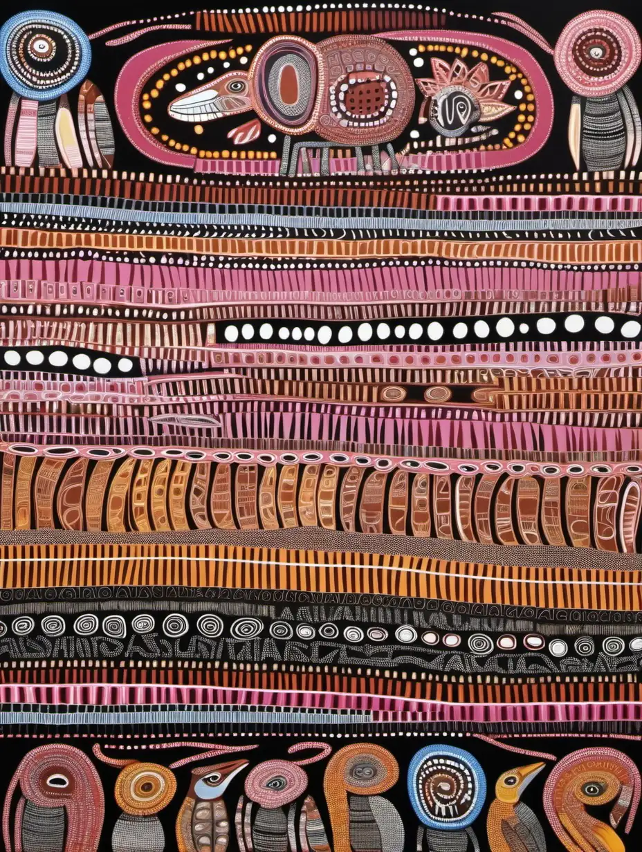 australian aboriginal art in soft colors including pink, blue, orange, maroon, brown, grey, white, black, yellow with an animal


