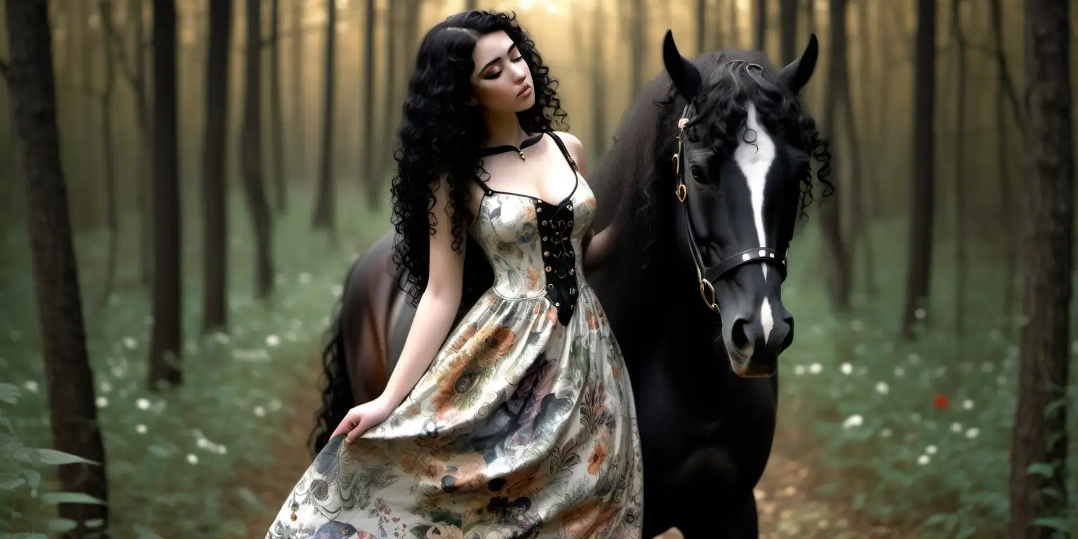 Enchanting Forest Encounter CurlyHaired Girl and BayColored Horse