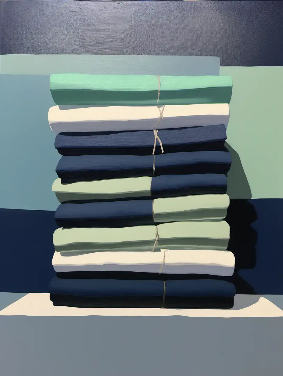 oil painting, abstract, minimalism pile of laundry, navy sage and mint color palette