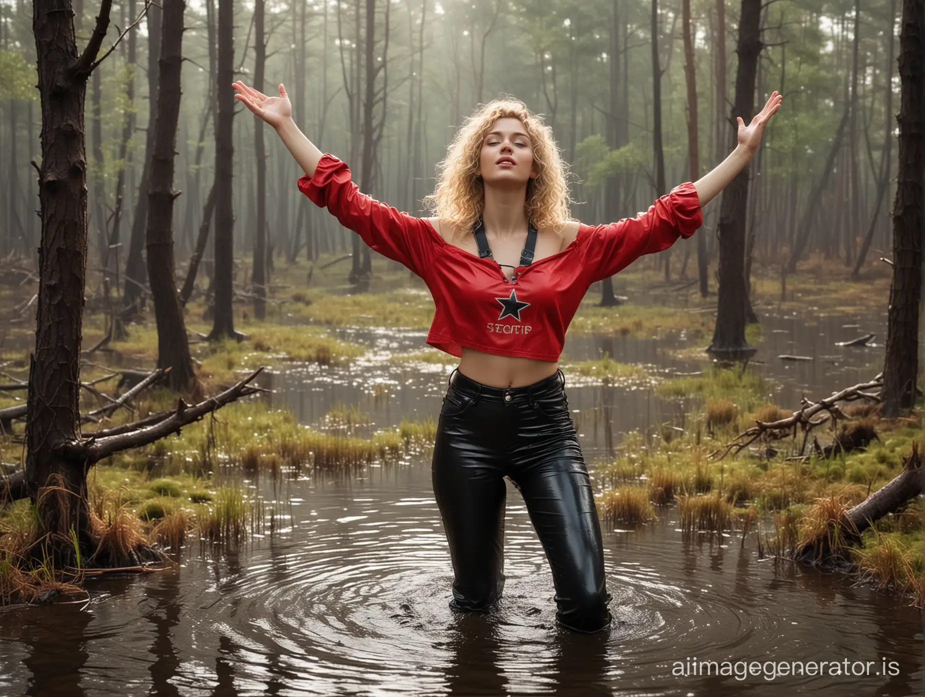 bottom view. standing waist-deep in a water swamp, fashion model disheveled blonde curly wet hair blowing in the wind girl, fashion poses, belly straightens hair with hands, slim waist, a soft smile. Wid leather collar and leather pants and elegant in an off-shoulder tight T-shirt with an inscription CCCP. red star. hammer and sickle. coniferous forest, rotten branches, sphegnum moss. cinematic shot. dawn, Sun rays, heavy rain, circles on the water