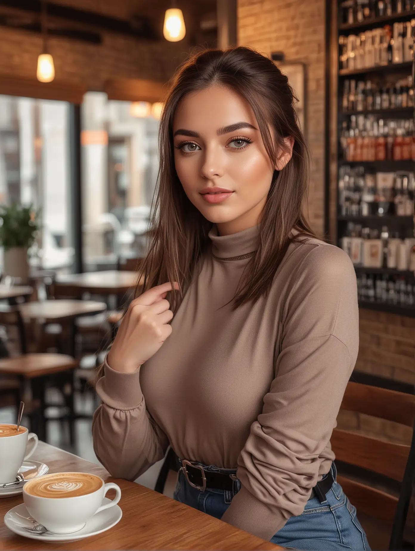 American ，girl, Young, sexy, fashionable clothing and exquisite makeup,  in a cafe, exquisite facial features, facing the camera, professional photography technique, full body shot