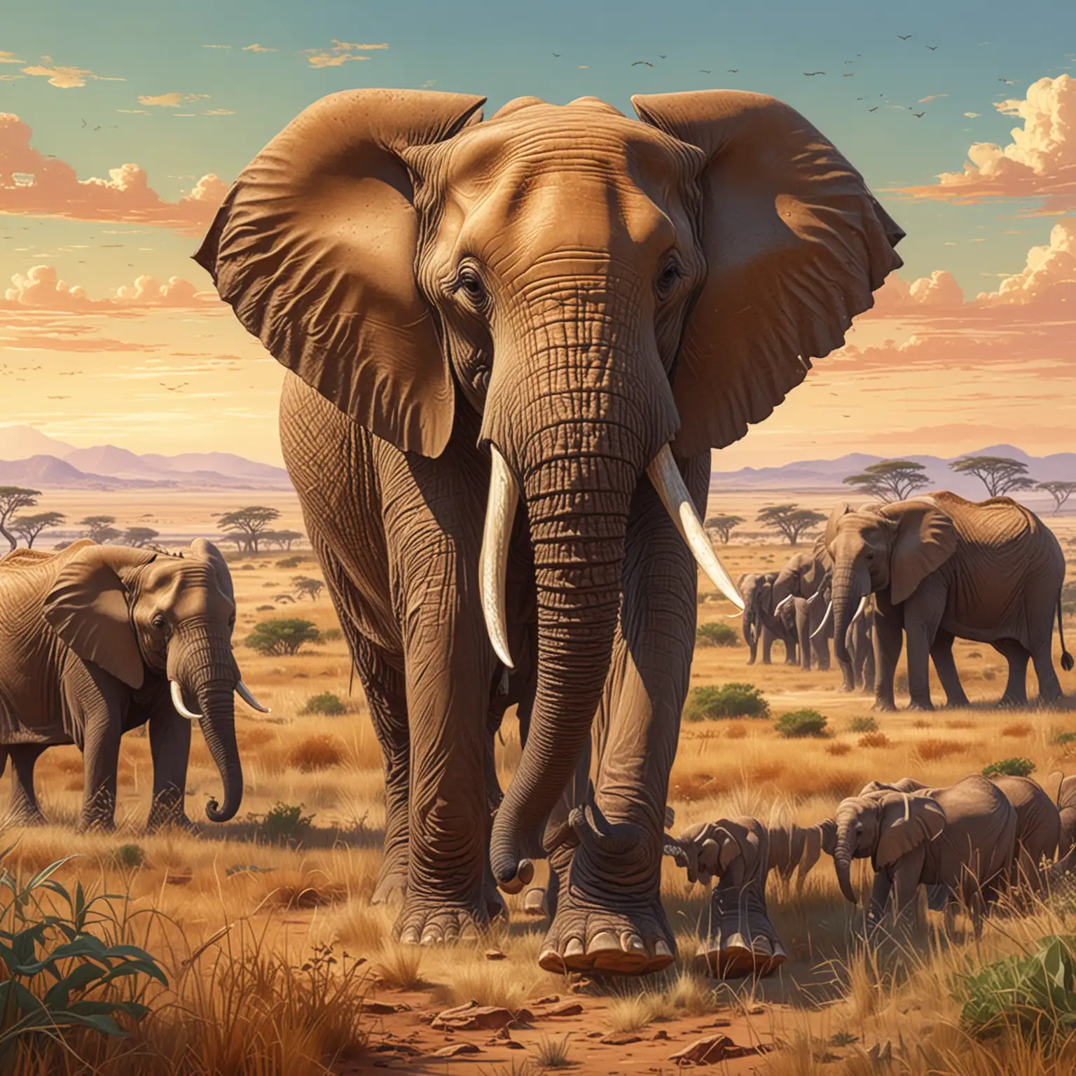 illustration,  neuronalen Stiltransfer, hintergrund : Afrika
Elefant: Ein sanfter Riese der afrikanischen Savanne, der majestätische Elefant, durchstreift mit seiner Familie die weiten Ebenen. Seine massiven Stoßzähne und die faltige Haut zeugen von seiner Kraft und Weisheit. Mit bedächtigen Schritten und einem ruhigen Blick auf die Herde bewegt er sich durch das Grasland.