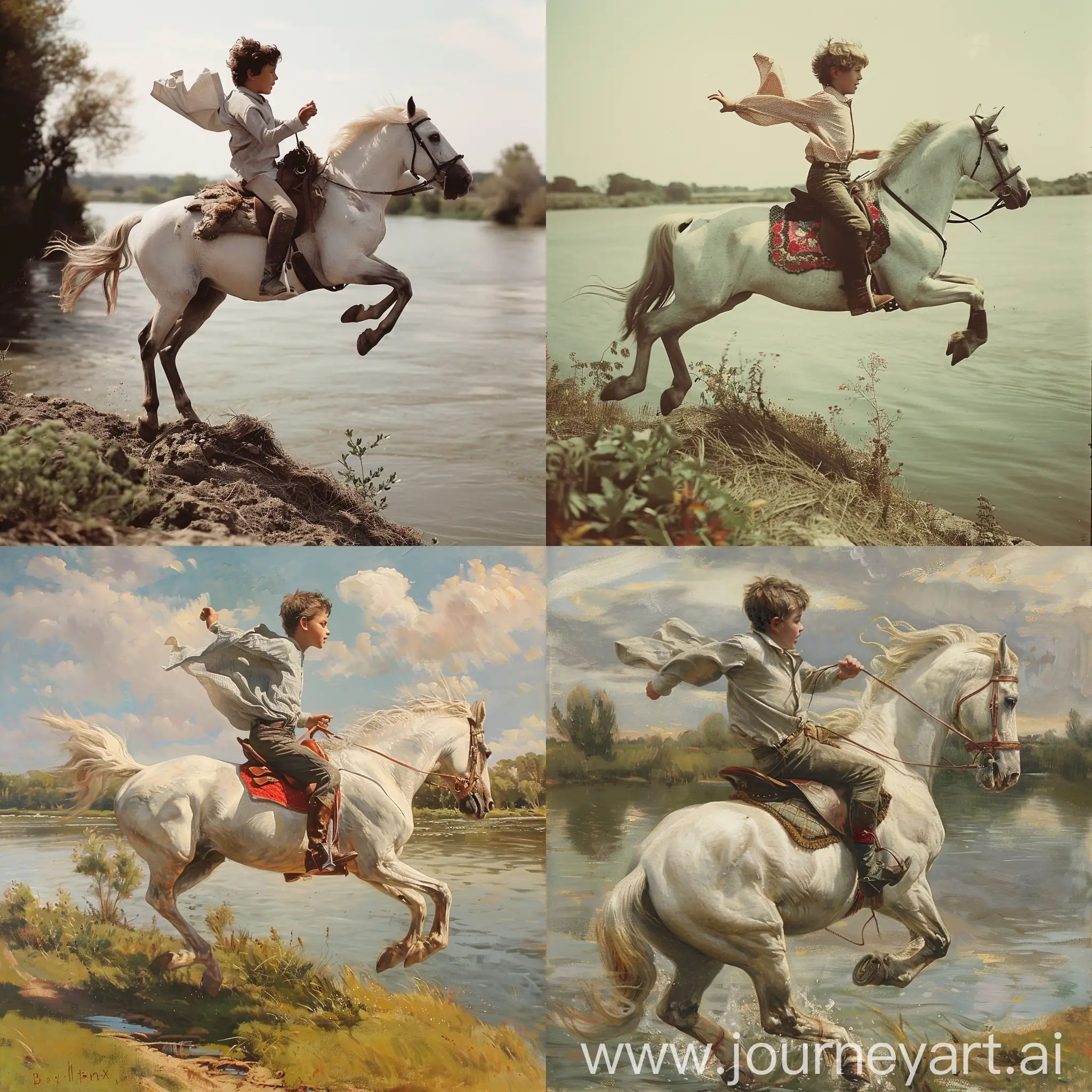 Energetic-12YearOld-Boy-Riding-a-White-Horse-Along-the-Riverbank-at-Noon