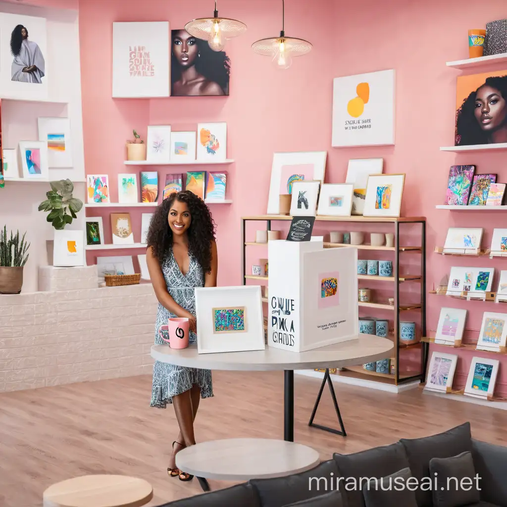 Stylish Black Girl with Long Curly Hair in a Vibrant Pink Boutique