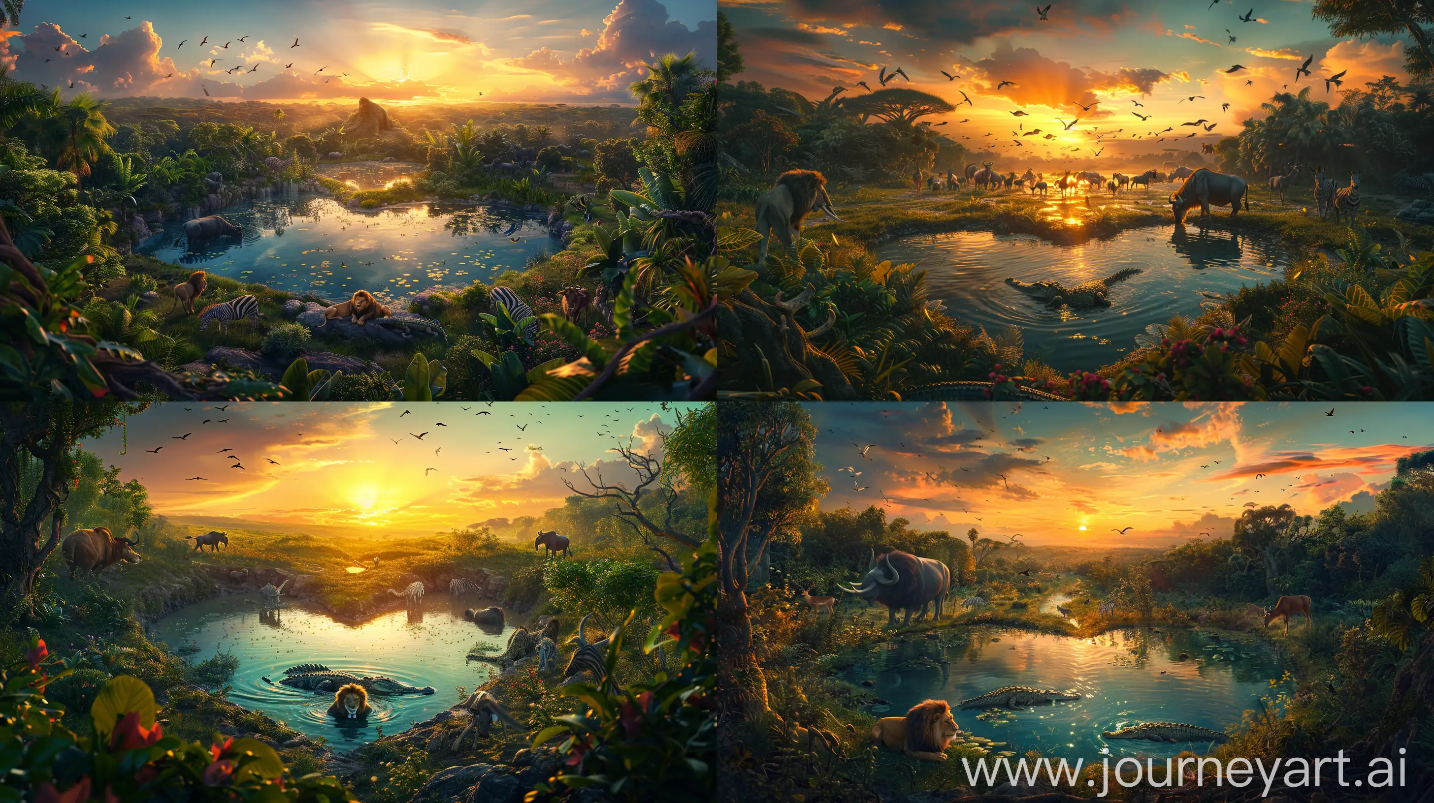  Serene jungle oasis, clear heart-shaped lake, lion, crocodile, elephant, zebra, buffalo peacefully drinking, vibrant birds in sky, distant grazing deer, setting sun glow, picturesque, Disney's The Lion King 2019 movie inspired, panoramic view --ar 16:9 --s 300 --v 6