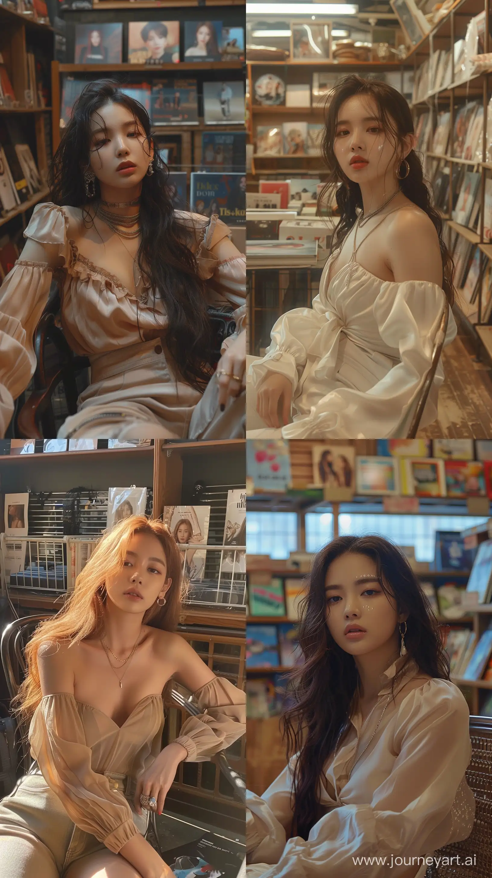 a blackpink's jennie sit on chair inside album store wearing simple blouse,bared face,without accessories --ar 9:16 --stylize 250
