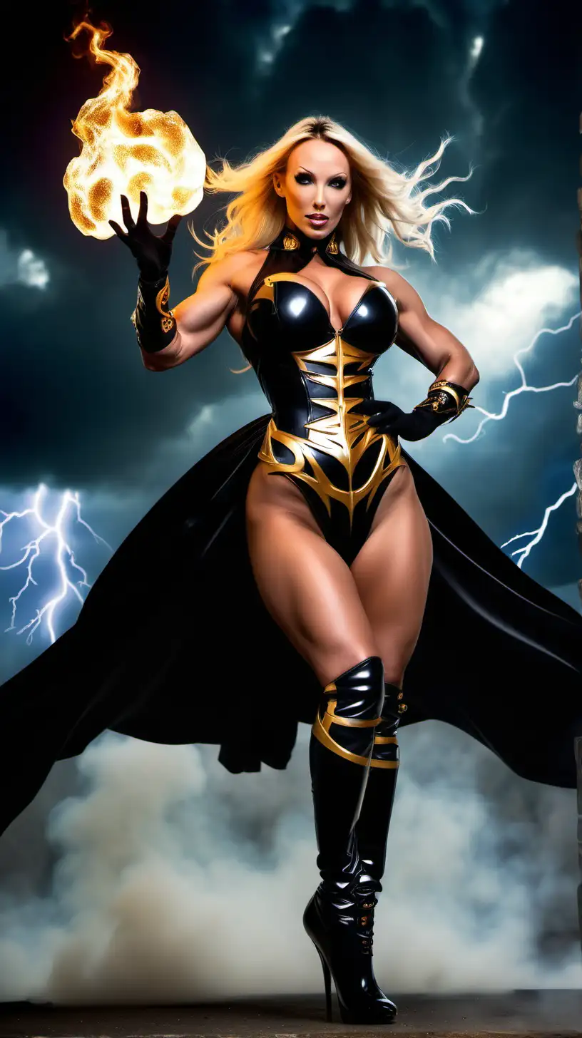All powerful super being controlling the universe with mystical powers. Thunder lightning electrical with fire and smoke. Levitaring, hovering, flying. very muscular good witch, biggest bodybuilder in history, huge fake implants. Black Latex ballgown with open front showing legs, black patent stiletto thigh boots, gold belt. realistic and looks like Kristina rihanoff, gold gauntlets, dragon wings