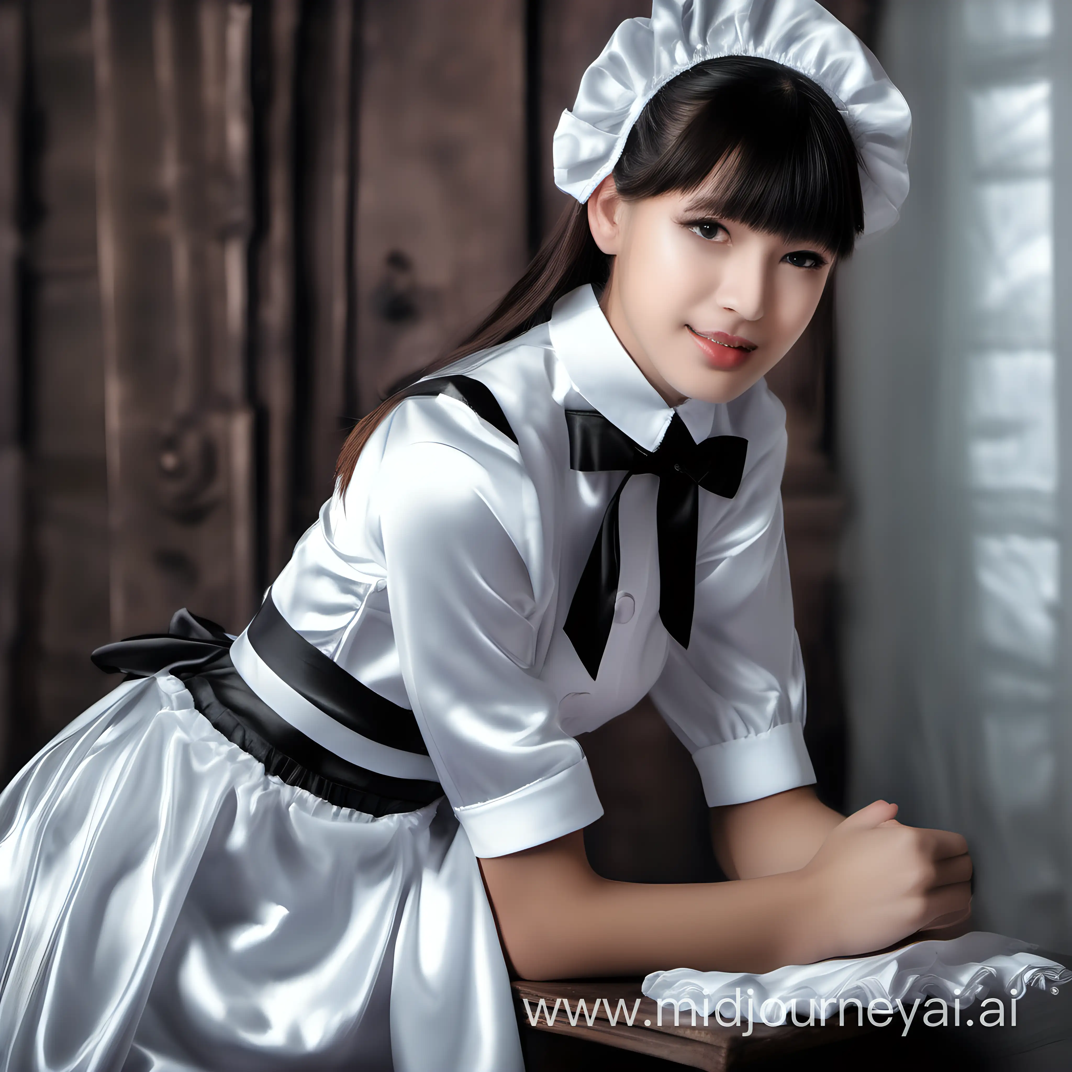 Chic Young Maid in Elegant Satin Uniforms Poses Gracefully
