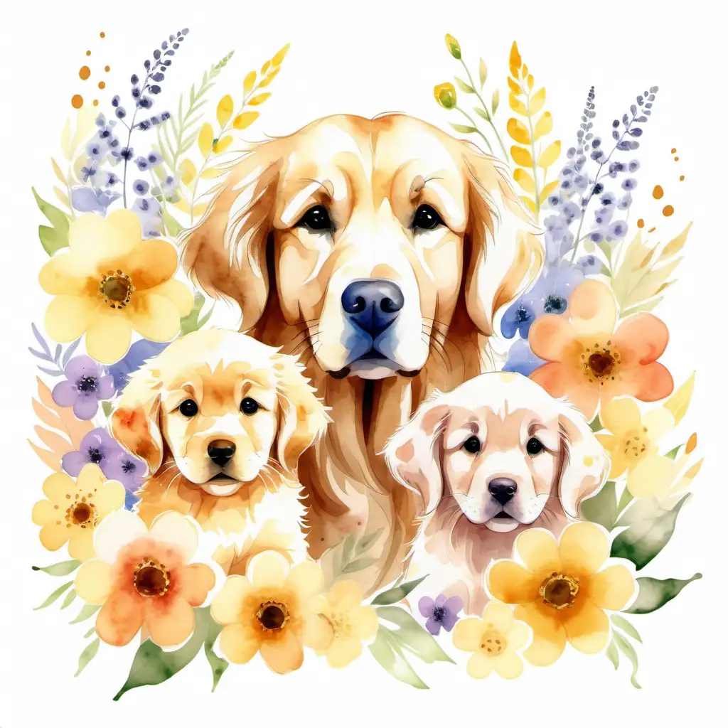 watercolor style, a mother golden retriever and a golden retriever puppy are surrounded by flowers on a white background