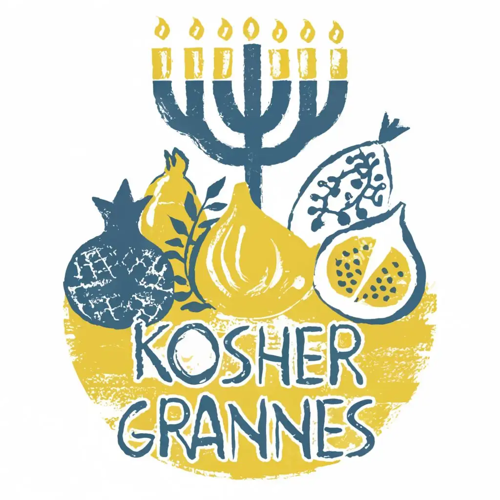 logo, Israel, yellow, blue, white, Menorah, Paul Klee, pomegranate, fig, lemon, star of David, simple, on tablecloth, Jerusalem, with the text "Kosher Grannies", typography, be used in the automotive industry