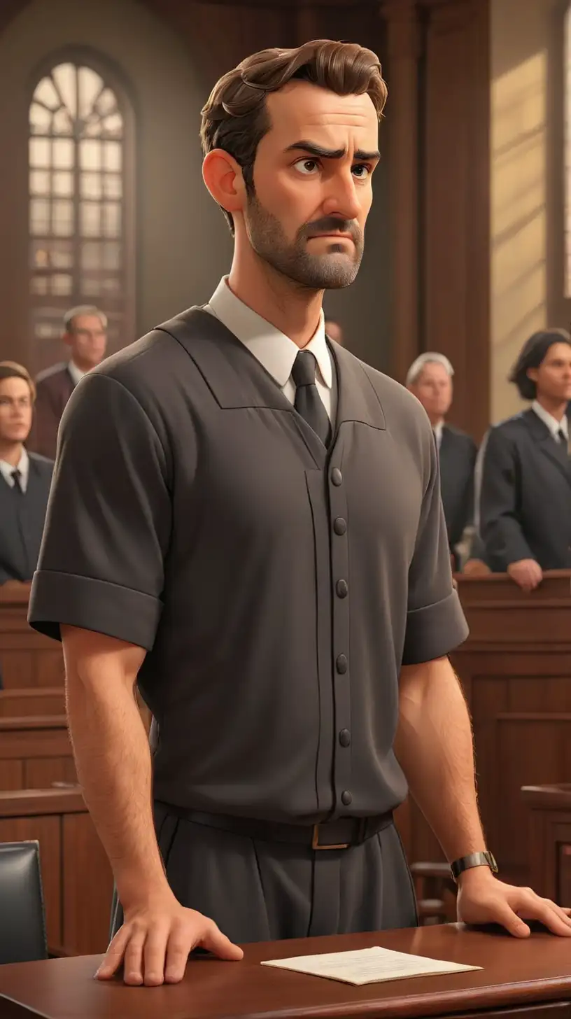 Create a 3D illustrator of an animated image shows a baker in his 30s is standing with a guilty face in a court Visualize a courtroom scene with the judge presiding over the trial. Beautiful court background illustrations.