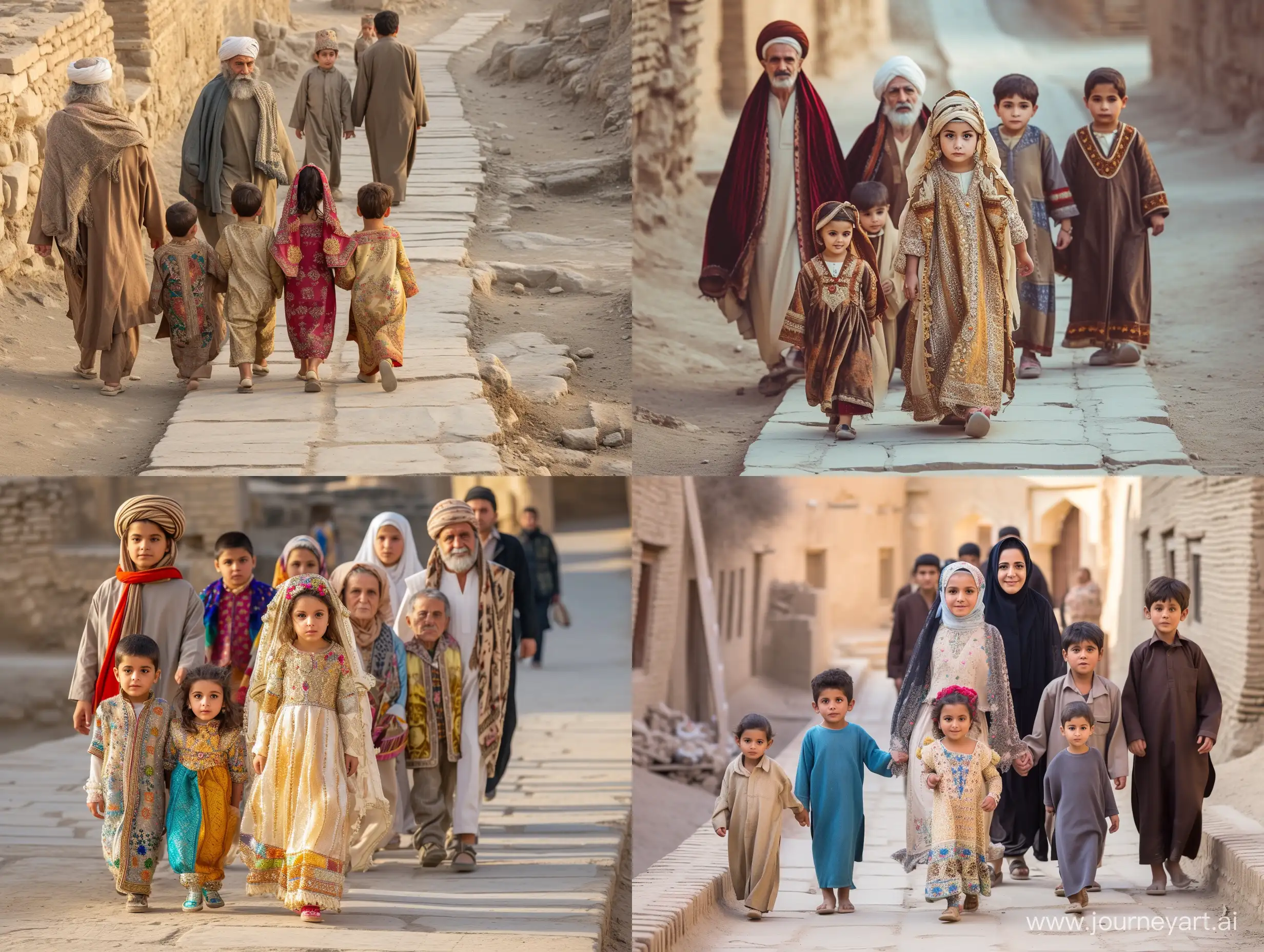 The beautiful Persian princess with her seven older brothers and their elderly parents are walking on the ancient sidewalks of the Bam Citadel.