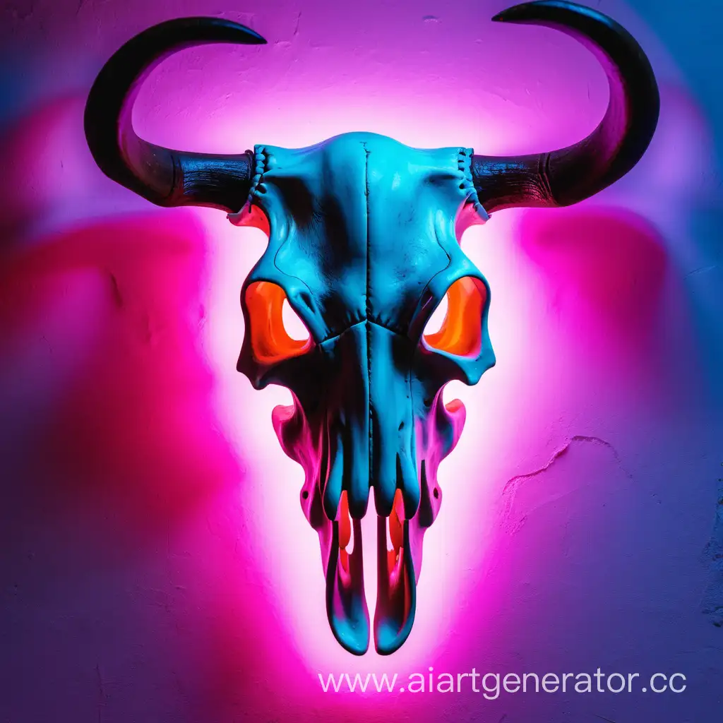Vibrant-Neon-Illumination-of-a-Bulls-Skull
