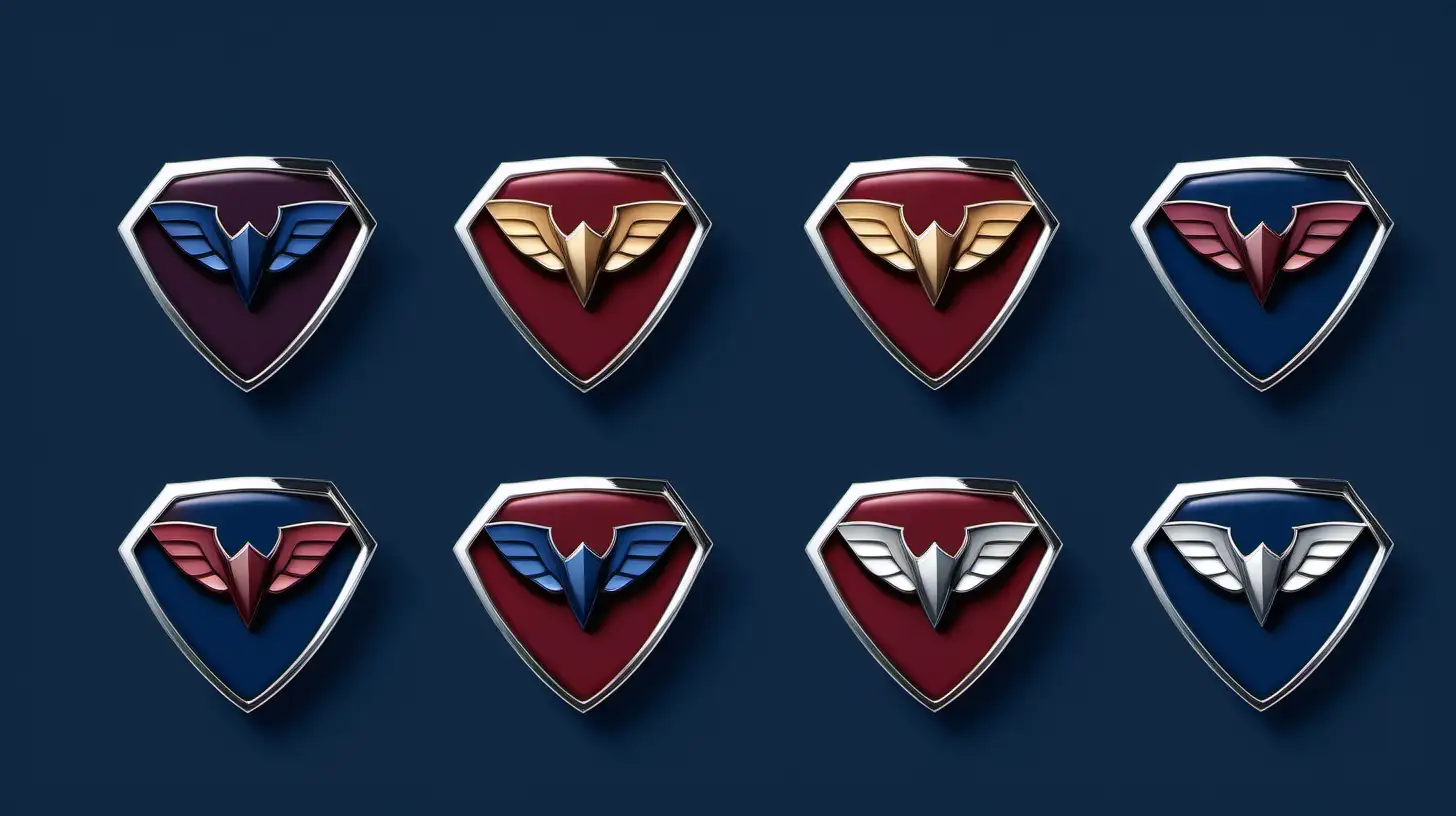 Create six unique sophisticates and clean badges for an immigration law firm, each inspired by original superheroes symbolizing core values: justice, integrity, perseverance, teamwork, innovation, and adaptability. Design them in with this color scheme; deep blue, burgandy and chrome. Design them to be visually cohesive but individually distinct, incorporating new superheroes. Realistic, 4k. Detailed.