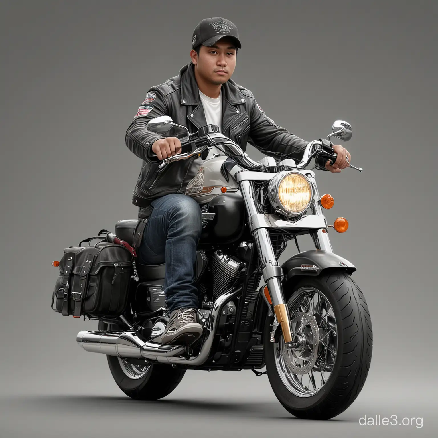 Indonesian Man Riding Harley Davidson Motorcycle in Gray Background ...