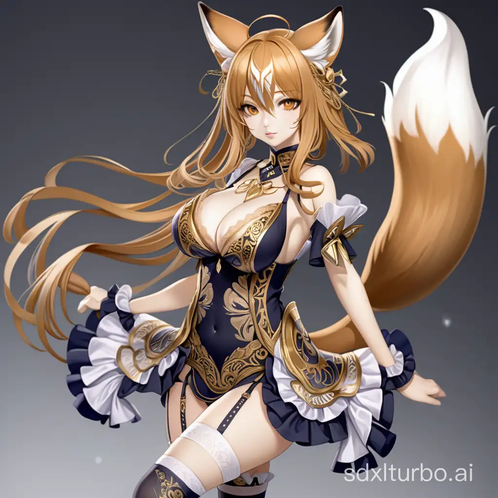 anime fox girl in an dynamic pose, golden eyes, intricate details, fantasy dress, large breasts, garters, asymmetric stocking designs