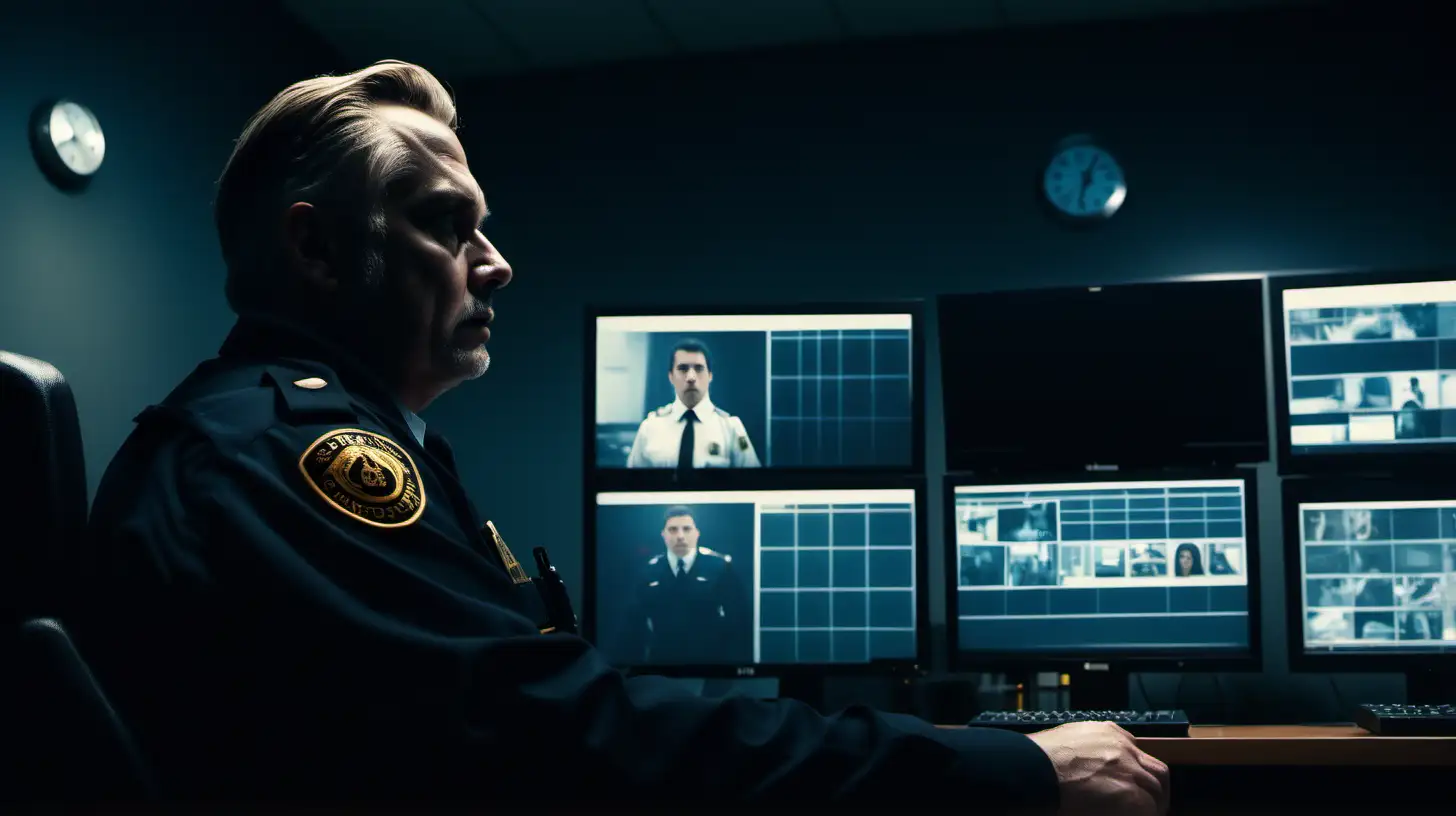 a cinematic scene, ultra realistic, Low Angle Shot, film grain, IMAX 70mm film still, cinematic color grading,  detailed faces, dramatic lighting, captured by Canon Cinema EOS, medium hair 40-year-old one white male security guard watching surveillance footages on screen chair with scared face, at night in security office --v 5 --style raw --no other people