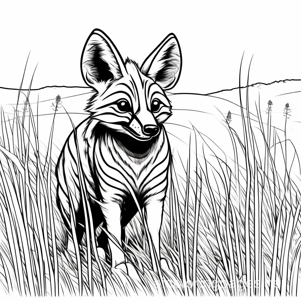 Aardwolf in grasslands nar termites
 , Coloring Page, black and white, line art, white background, Simplicity, Ample White Space. The background of the coloring page is plain white to make it easy for young children to color within the lines. The outlines of all the subjects are easy to distinguish, making it simple for kids to color without too much difficulty