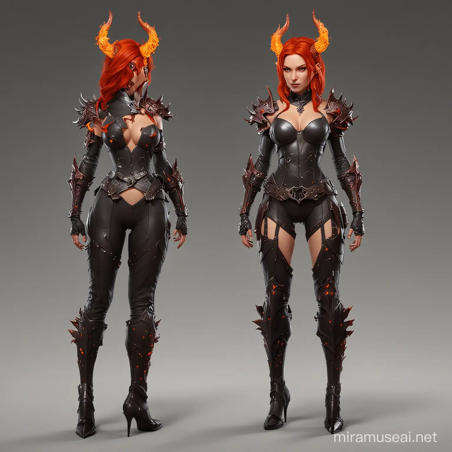 beautiful woman, flaming red hair and demon horns, in hide armor, stretched tight over breasts, show whole body, standing pose, character turnaround sheet, one outfit, front view, side view, back view