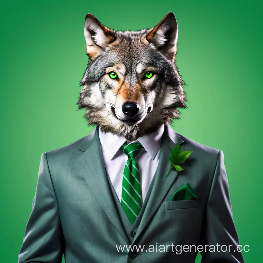 Волк в солидном костюме на зелёном фоне