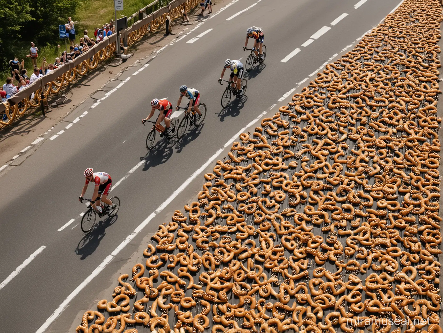 A world-class cycle road race. Riders pass through a lot of pretzels flying around.