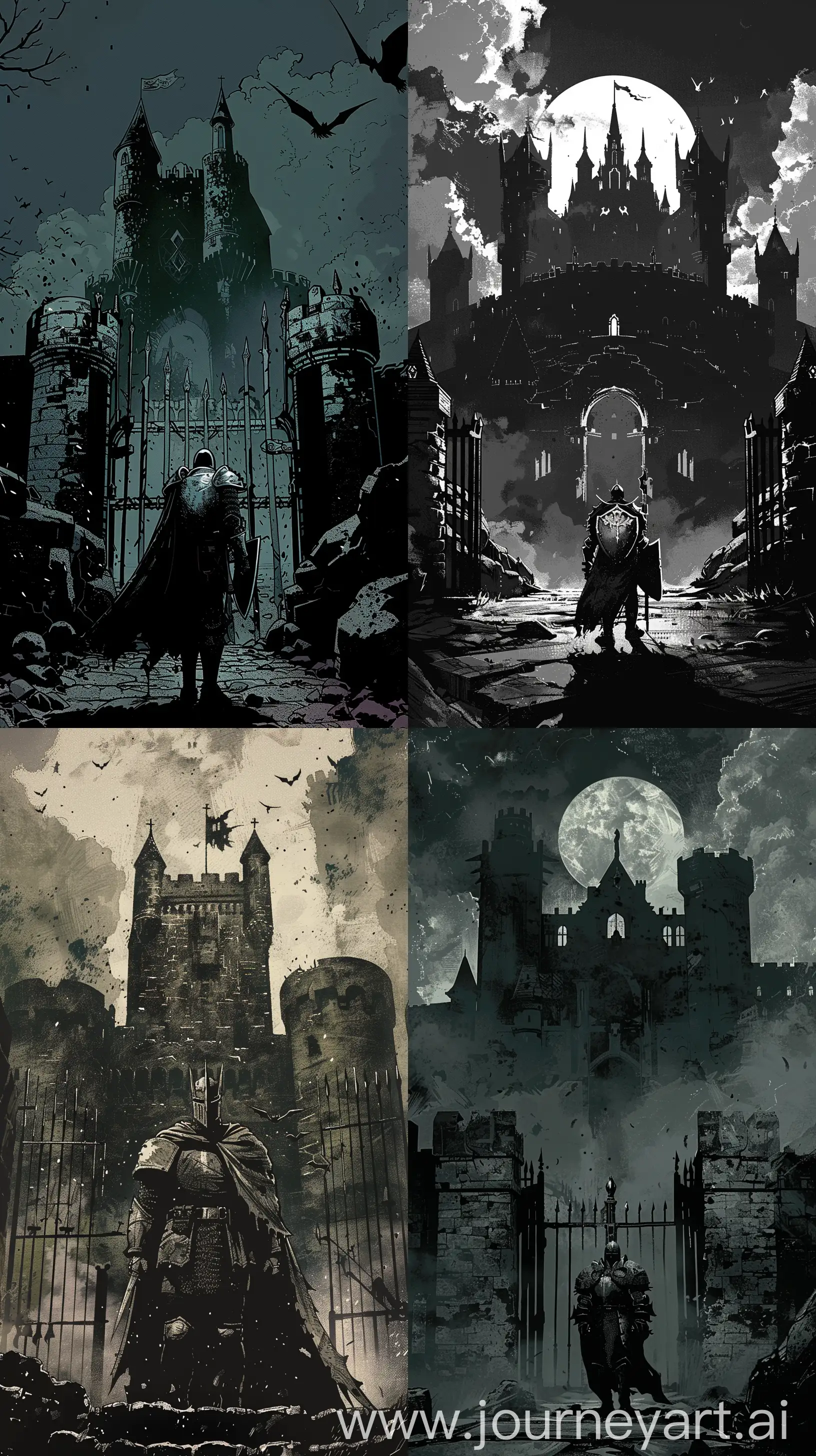 Conjure and capturing the essence of Mike Mignola's art with a lone knight standing at the gates of a foreboding castle, a high-contrast image with dramatic lighting and a moody, monochrome color scheme that highlights the intricate armor design 8k Uhd Maximalist Details, --ar 9:16