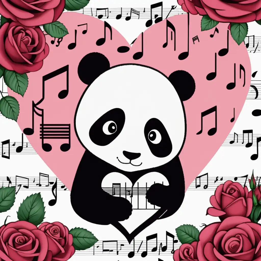 Harmonious Love Panda surrounded by Music Notes Heart and Roses
