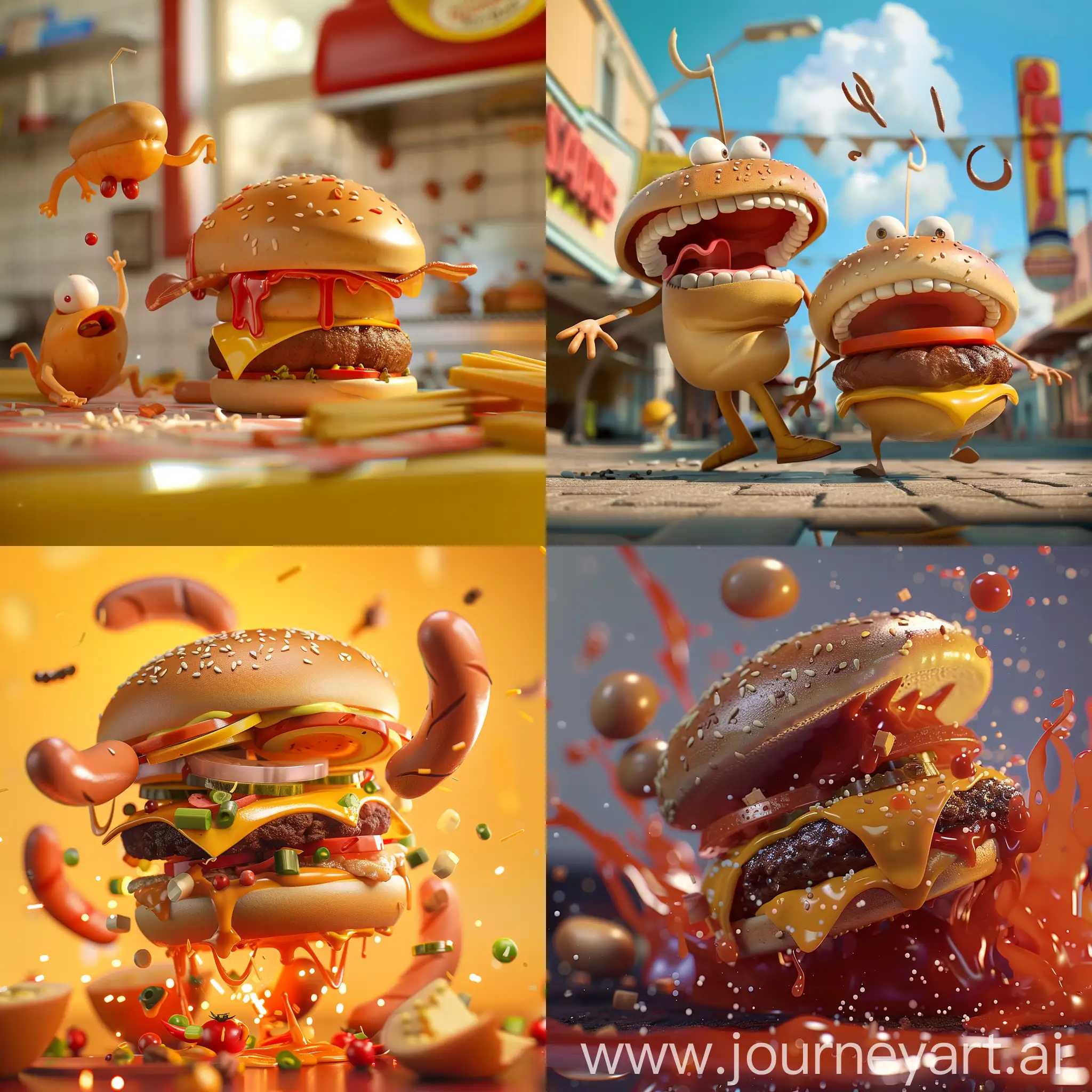 Burger and hot dog fight :: 3D animation 