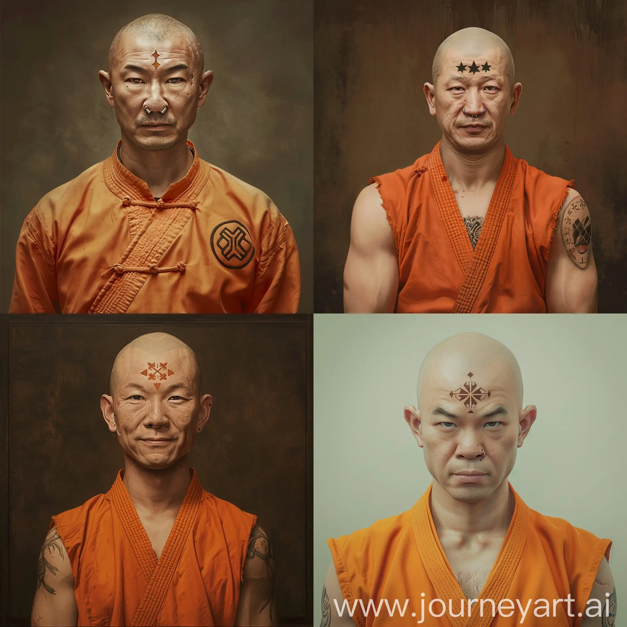 portrait homme asiatique, trentenaire, chauve, parfaitement rasé, nez amputé, corps trapu, portant une tenue de kung-fu orange, six points tatoutés sur le front, l'air gentil, krilin
