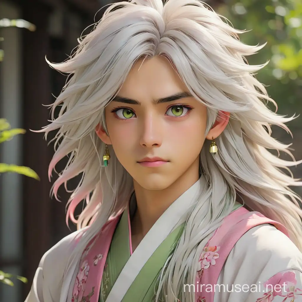 Tranquil Anime Boy with Long White Hair and Oriental Outfit