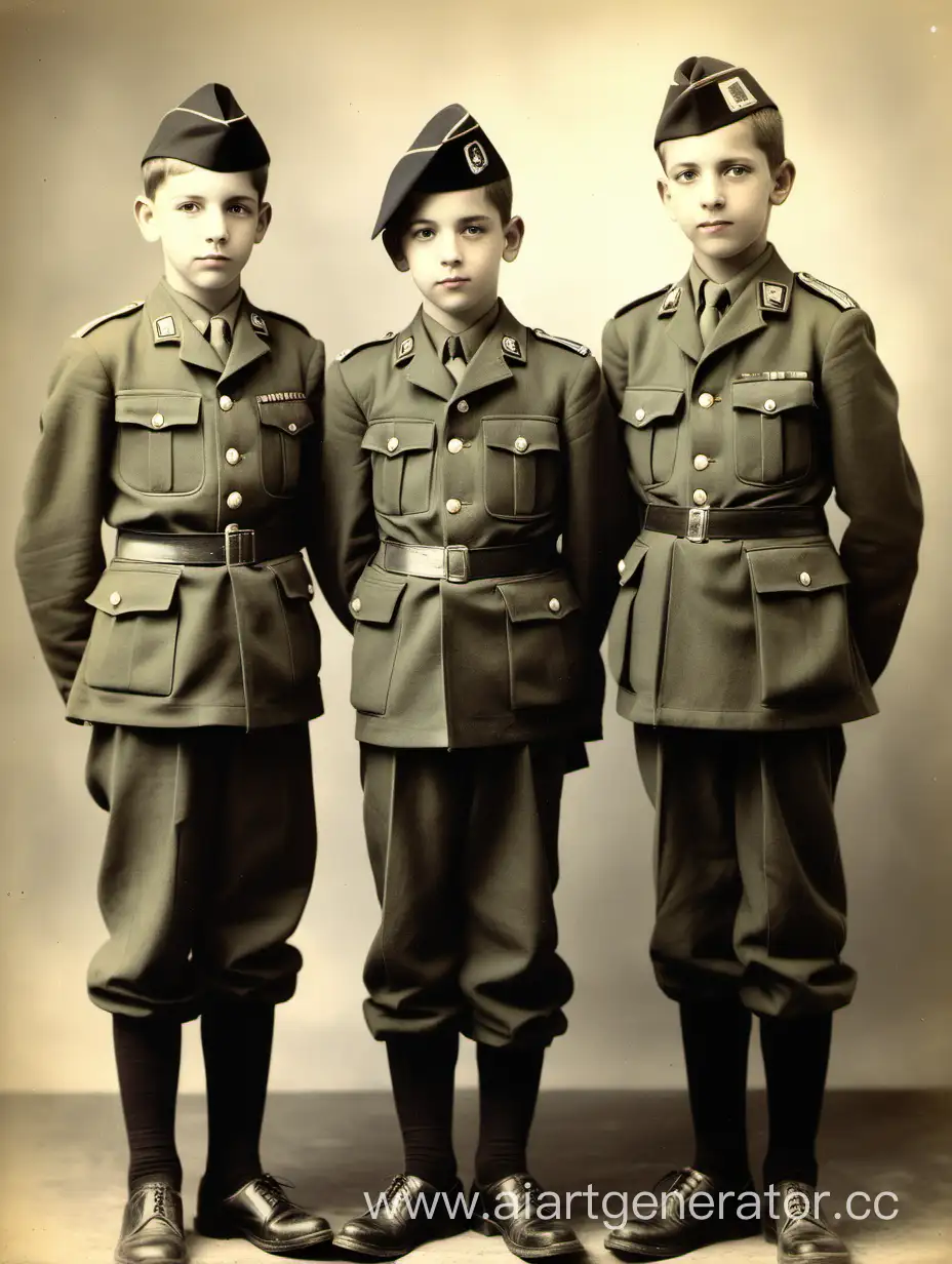 3 мальчика лет 13 в военной форме 