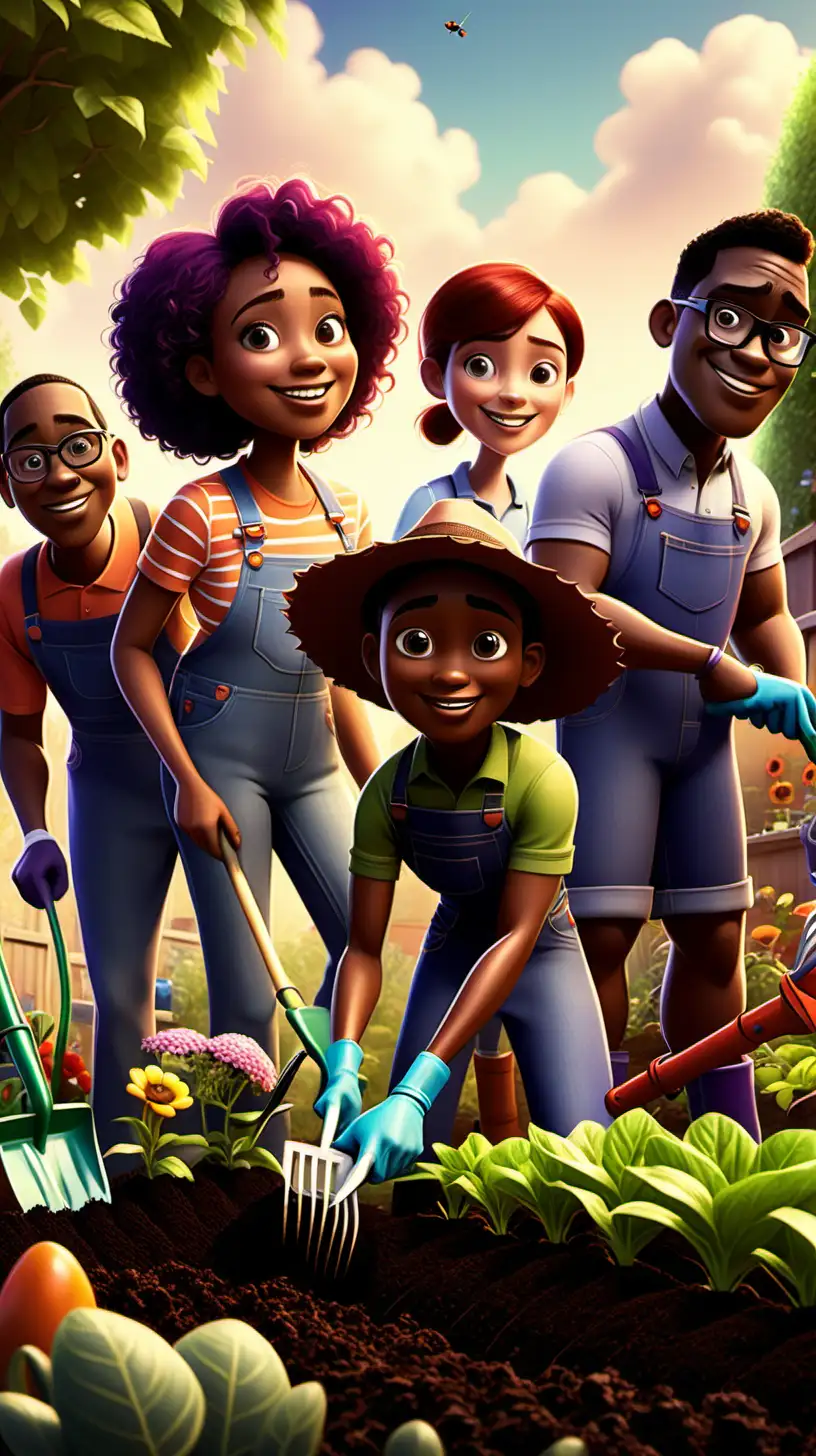**a pixar cartoon style picture of a group of diverse characters gardening 