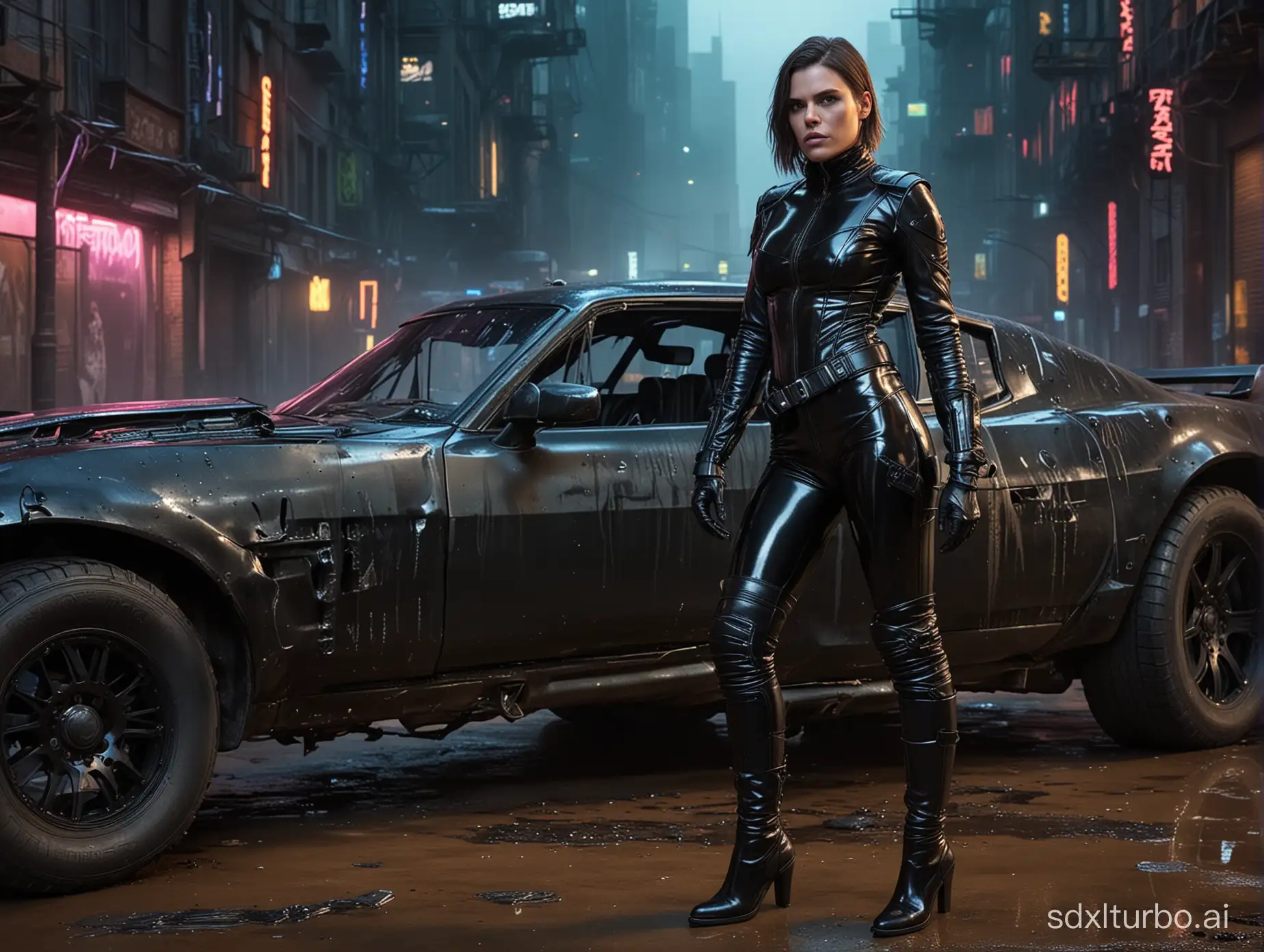 realistic hd photo , cyberpunk police Clea Duvall standing , wearing black low-cut shiny PVC catsuit , wearing long shiny PVC gloves , wearing shiny PVC thigh high boots , in cyberpunk destroyed city with Mad Max car , illuminated by neons ,