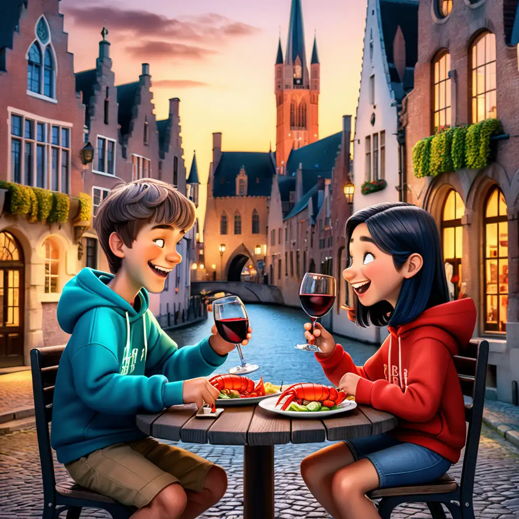 Whimsical Romantic Meal Joyful Teens in Cartoon Brugge Cityscape