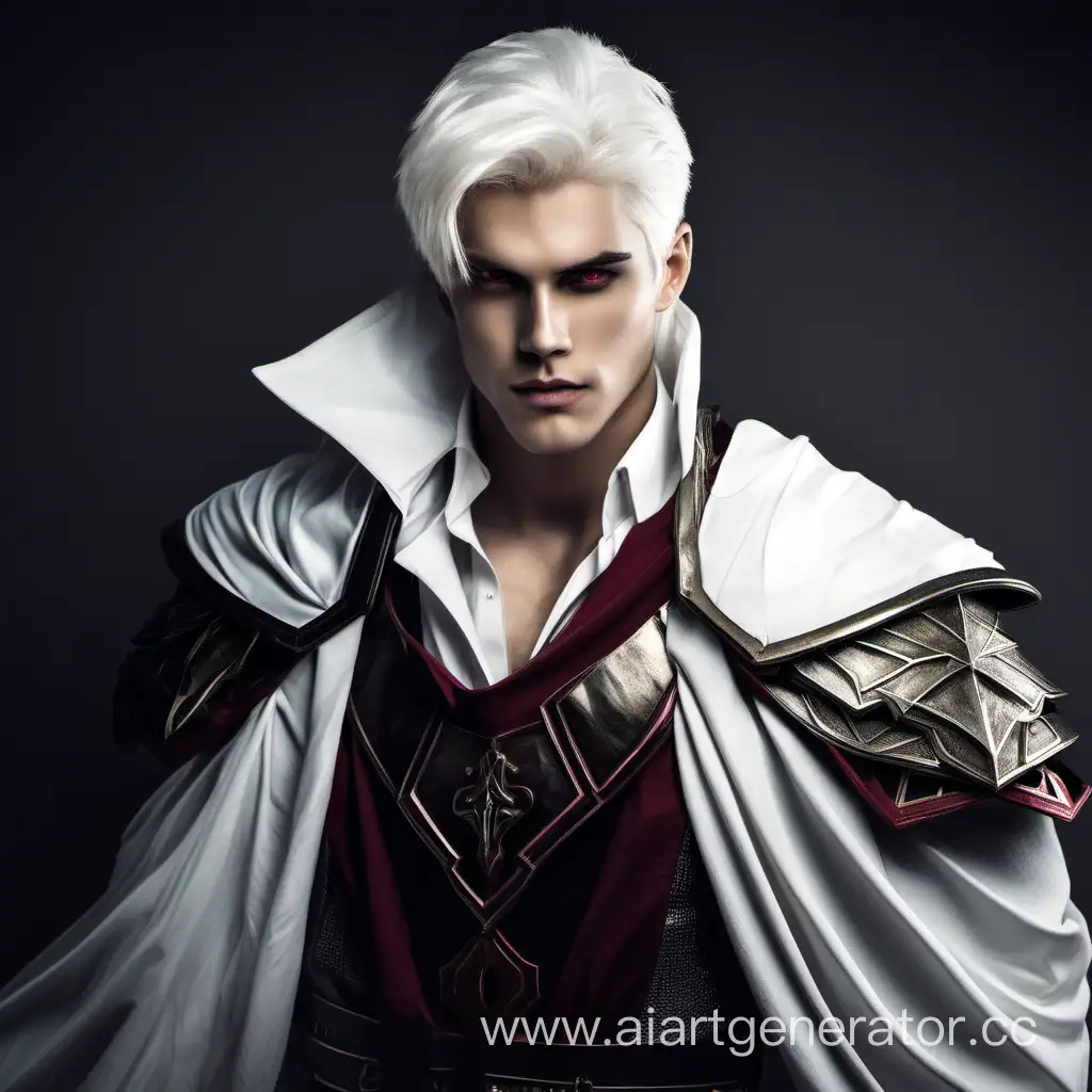handsome young man with white hair and crimson eyes. He's dressed as a warior.