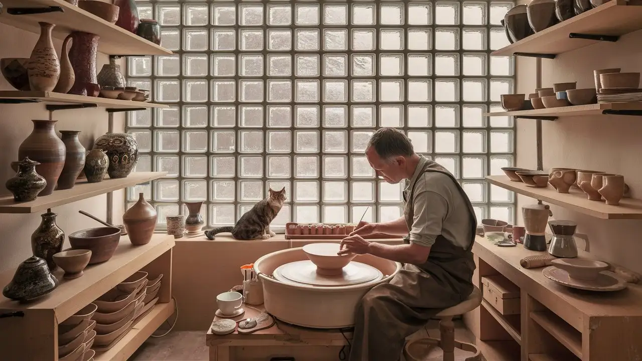 Pottery studio, man shaping a bowl on a potter's wheel, shelves with beautiful glazed vase, raku bowl, cups, sculpture, glass block wall, cat, coffee maker and cup