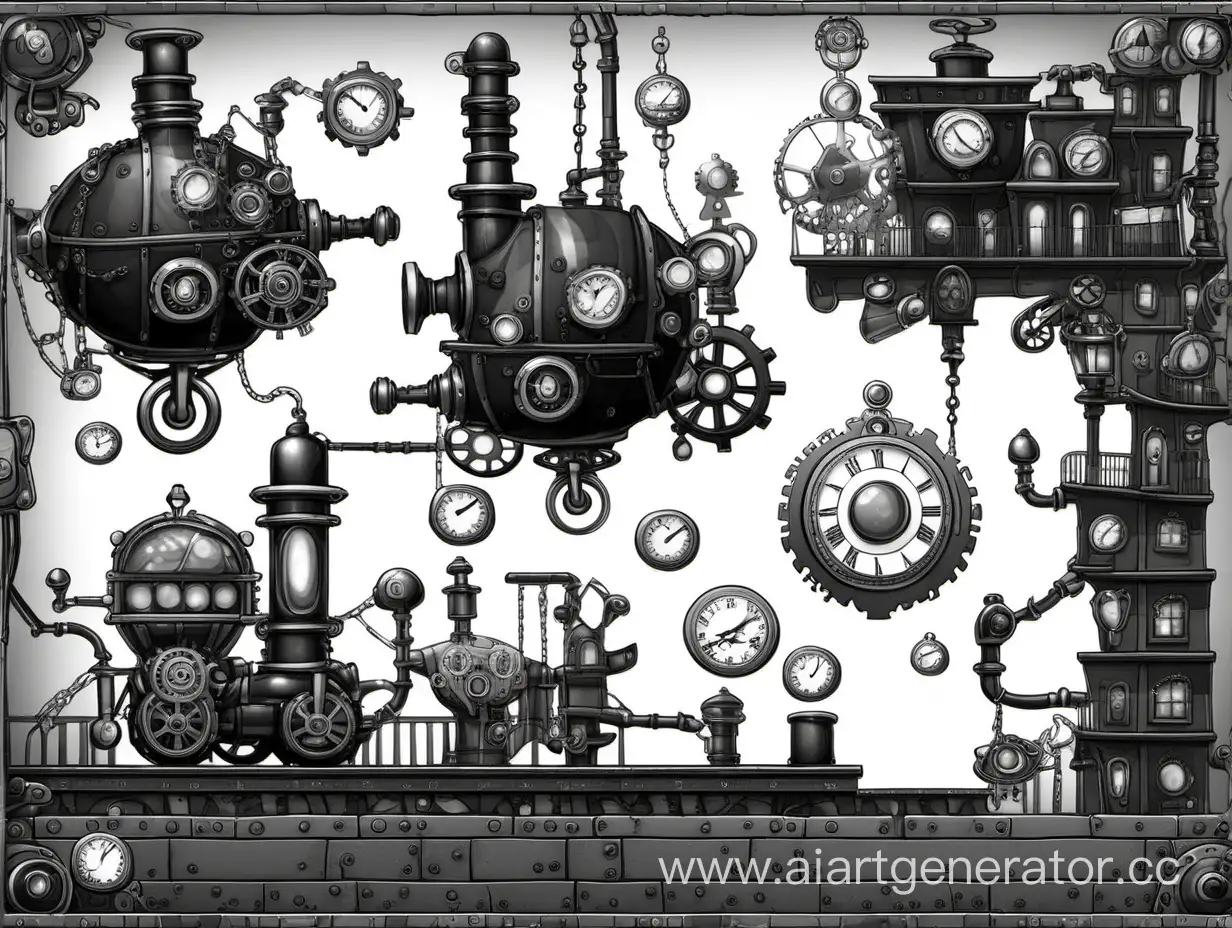 Black and white 2D steampunk game with some puzzles to complete the level