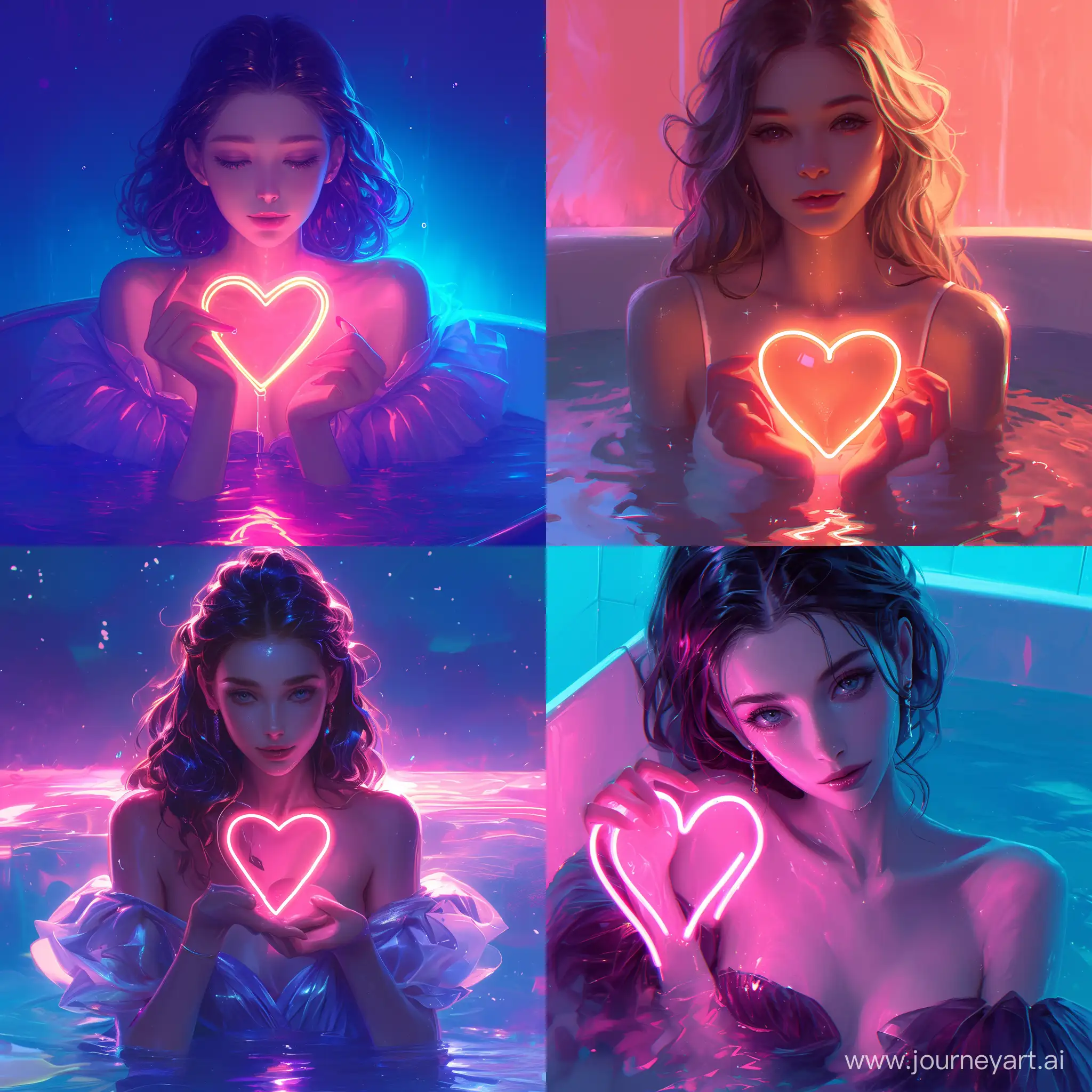 Beautiful woman , semi realistic, holding a glowing neon heart, glistening look, godess of love, calm look, glossy body, upper body shot, glowing heart sign background, beautiful magical view, dipping on water bath tub, glowing neon water, beautiful dress wearing, -- ar 27:32 --niji 6 