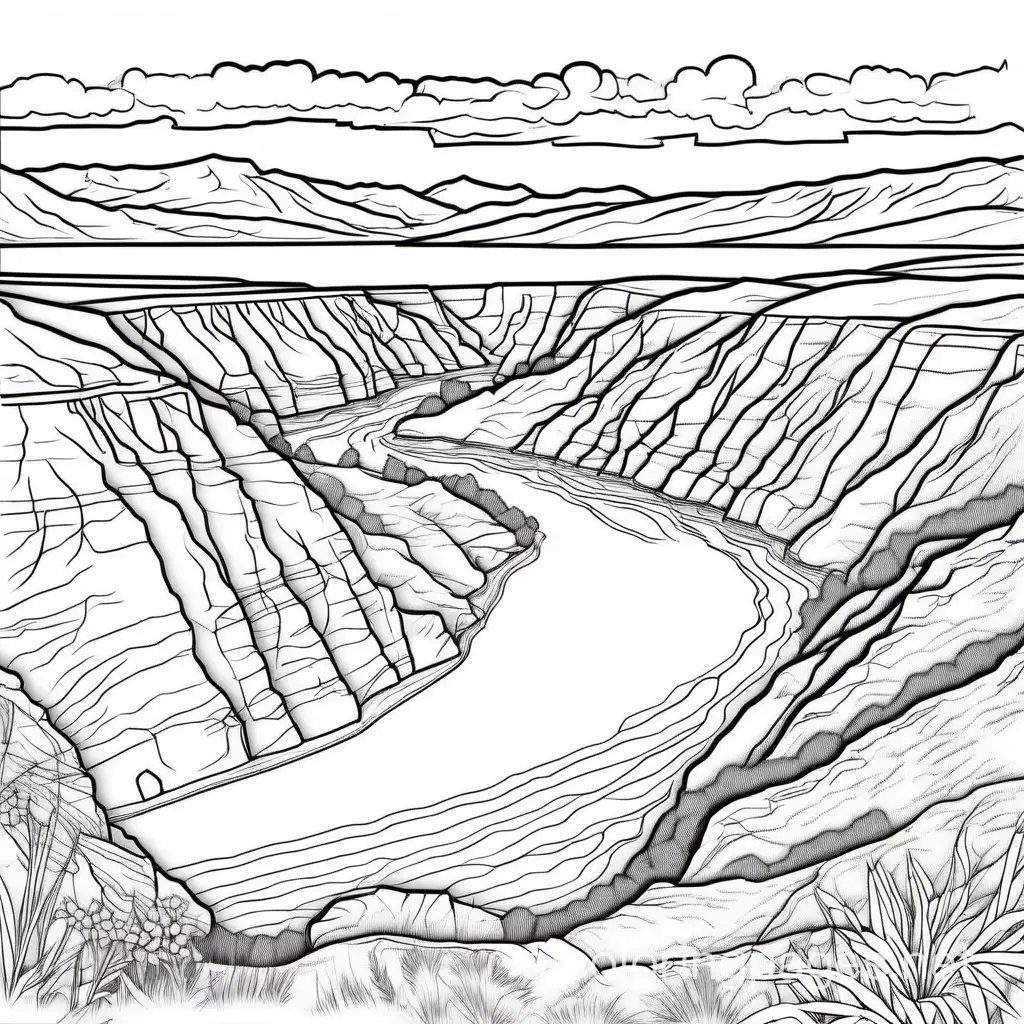 missouri river in south dakota, Coloring Page, black and white, line art, white background, Simplicity, Ample White Space. The background of the coloring page is plain white to make it easy for young children to color within the lines. The outlines of all the subjects are easy to distinguish, making it simple for kids to color without too much difficulty
