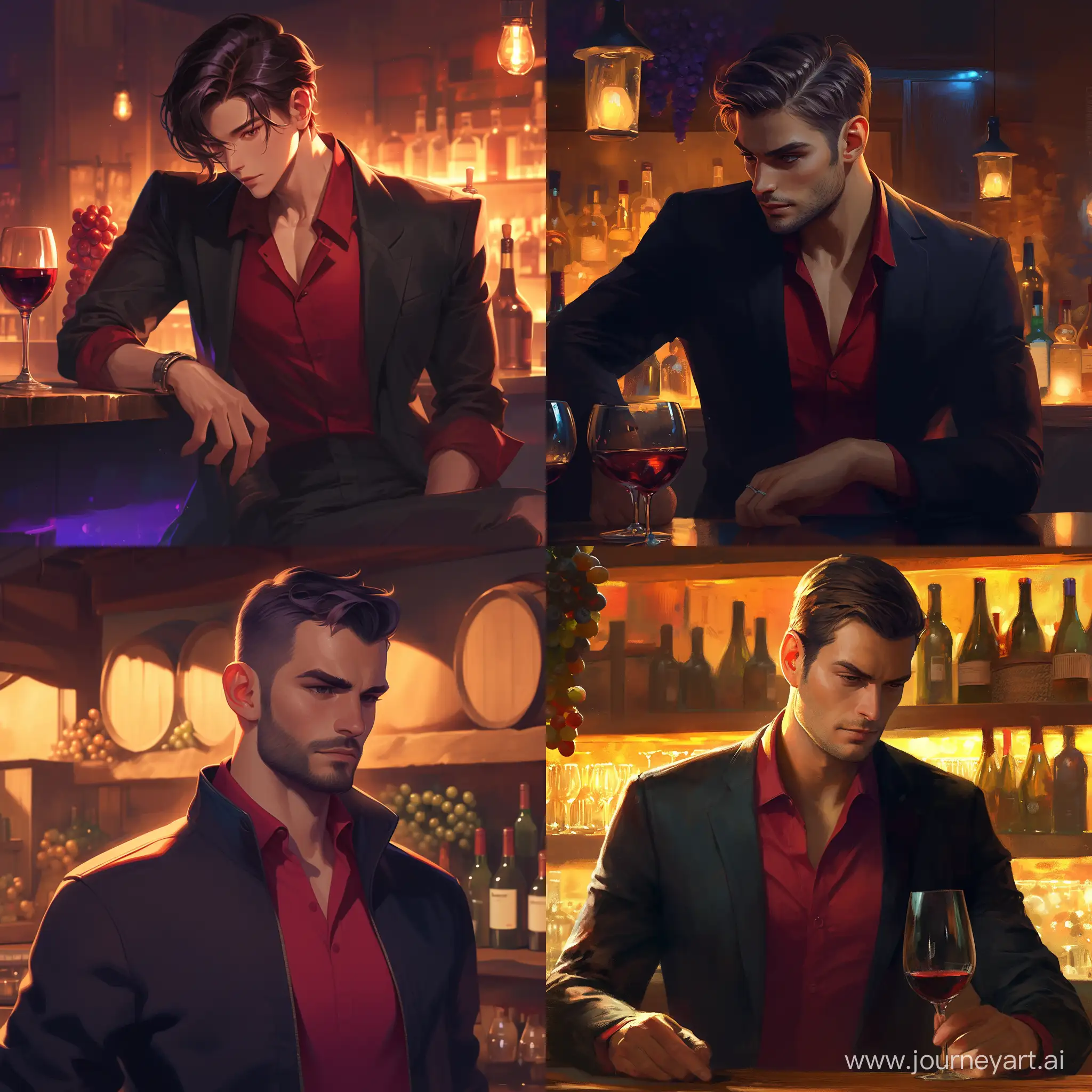 Handsome man , red underneath shirt black jacket wearing, bar background, wine, red wine grapes, beautiful scane, calm face, dazzling look, Ultra HD, sharp details, High quality -- ar 27:32 --niji 6
