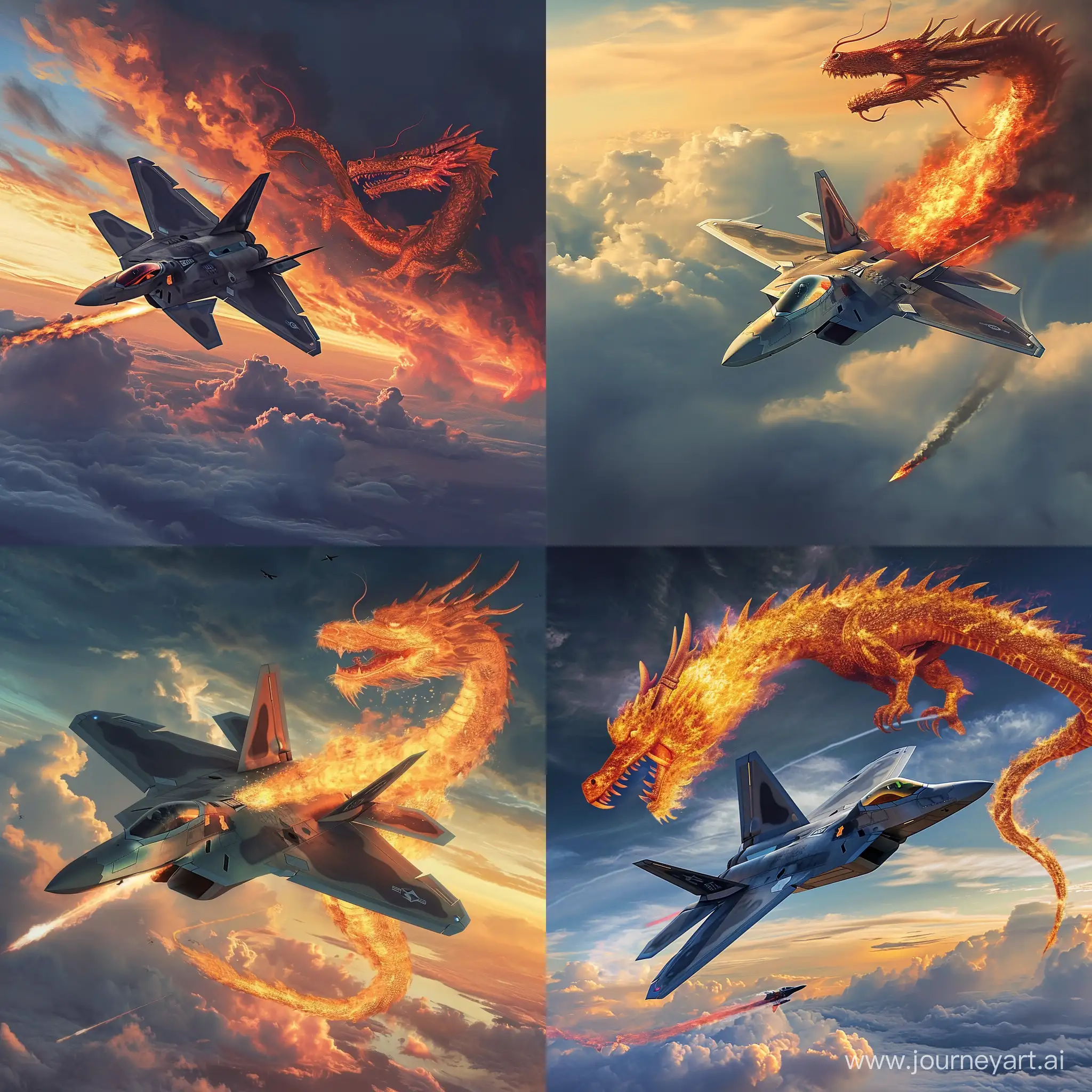 Fighter jet F22 raptor flying with a fire dragon in sky